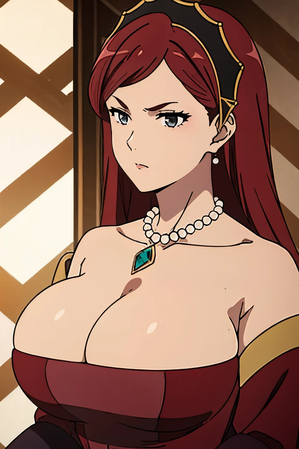 dress, hair band, maroon hair, milf, busty, huge tits , long hair,  cleavage, emotionless, detailed, upperbody, 