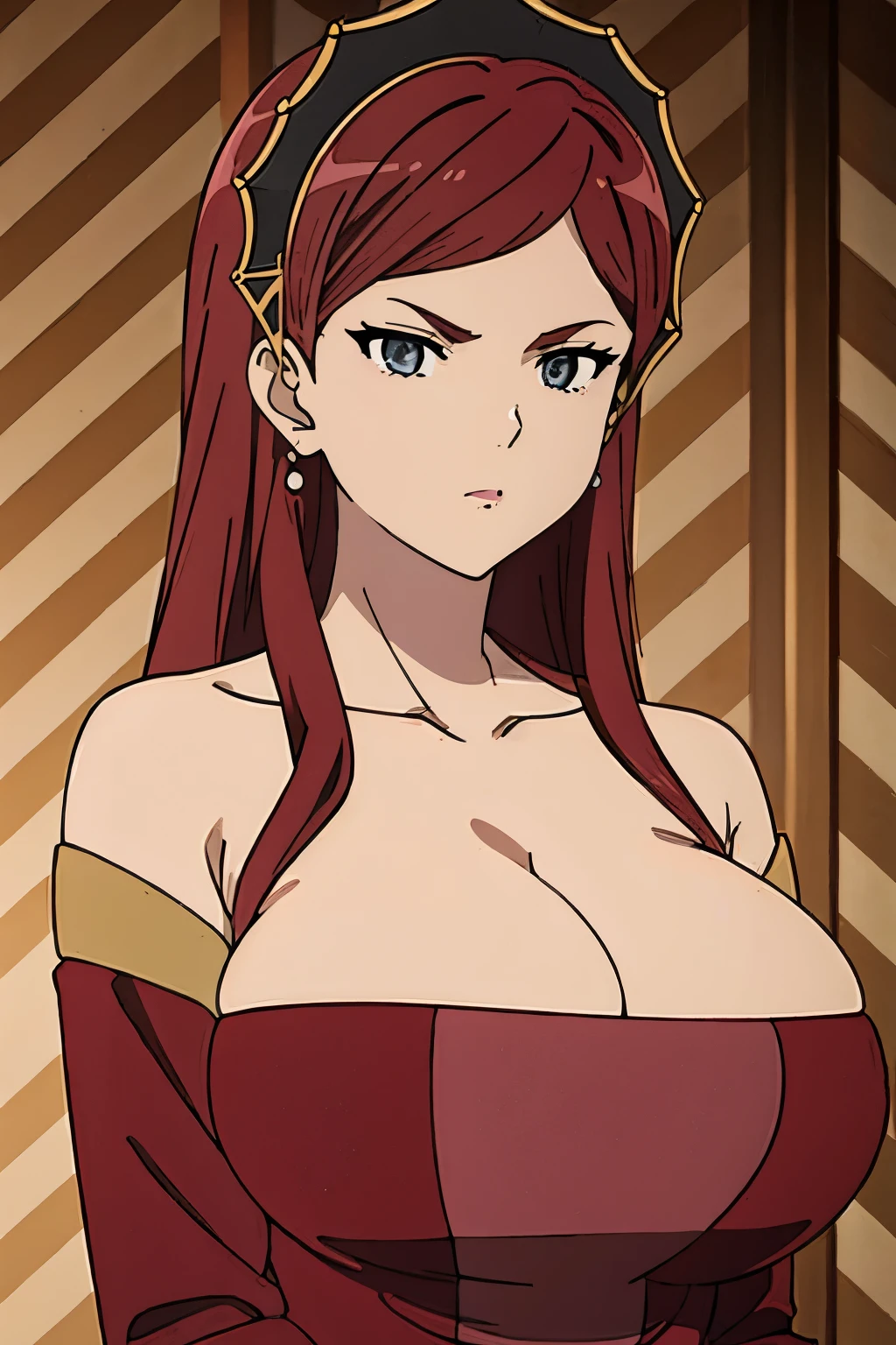 dress, hair band, maroon hair, milf, busty, huge tits , long hair,  cleavage, emotionless, detailed, upperbody, 