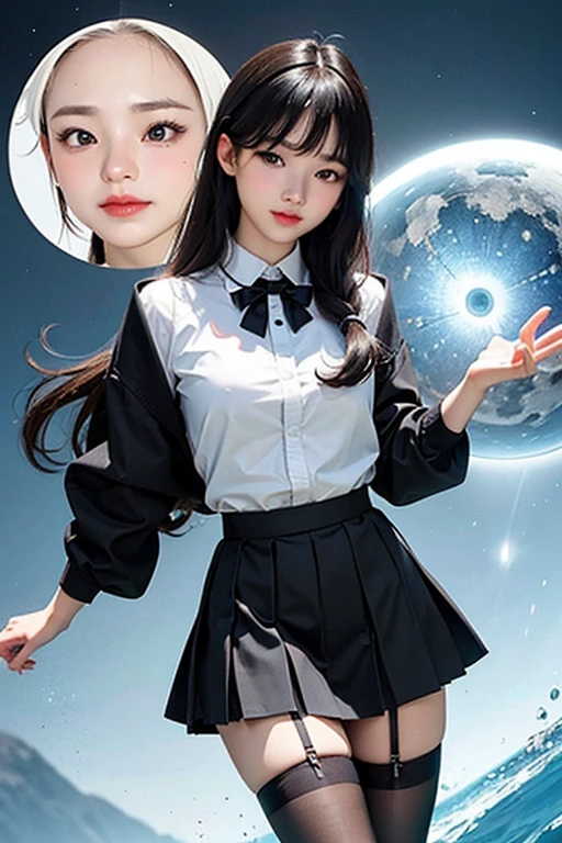(1 Korean star with royal sister style), ((Best quality, 8K, masterpiece: 1.3)), focal point: 1.2, Perfect body proportions: 1.4, (Make a smile), （Ray traching）,Watery eyes, Highly Detailed Face and Skin Textur, Fine eyes, Double eyelids, Whitens the skin, (long whitr hair, Air bangs: 1.3), (face round: 1.5), (Skirt: 1.4), ,(black lence stockings: 1.4),(JK style:1.4)