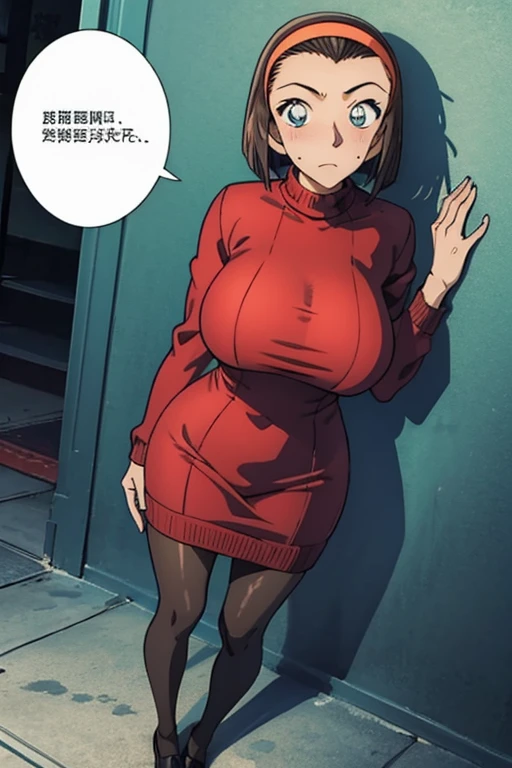 looking at camera、When I Look at You、lookatviewer、anime style、Eroge、1 girl, (Long round huge breasts), (vertical sweater、Tight knit full-body dress)、Low - Angle、brown haired, hair band、bob hair、I can see the forehead、blush, sleeve,round chest、(I can see the whole body)、Sweat:1.5、black pantyhose、from below