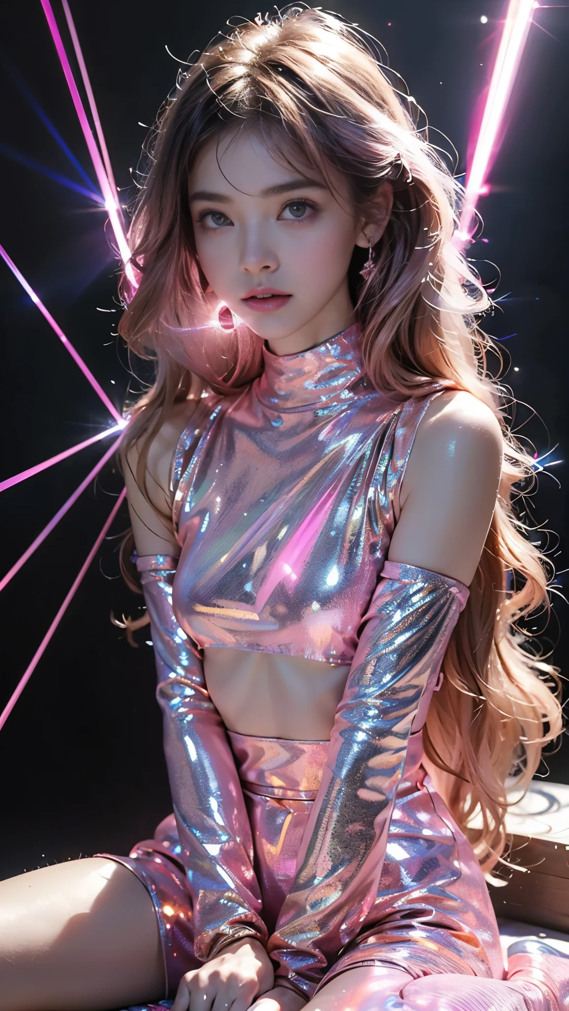 8K, ultra hd, masterpiece, 1 girl, (good face:1.4), detailed eyes, very long hair, impressive hairstyle, earings, necklace, small breasts, (cloth glowing outfit:1.5), see-through, (pink laser outfit:1.5), Light-colored foundation brings out the skin, (in the dark:1.5), mystery, (laser lights:1.5), glowing lights, very decoration, The laser falls like water, perfect front body, sitting,