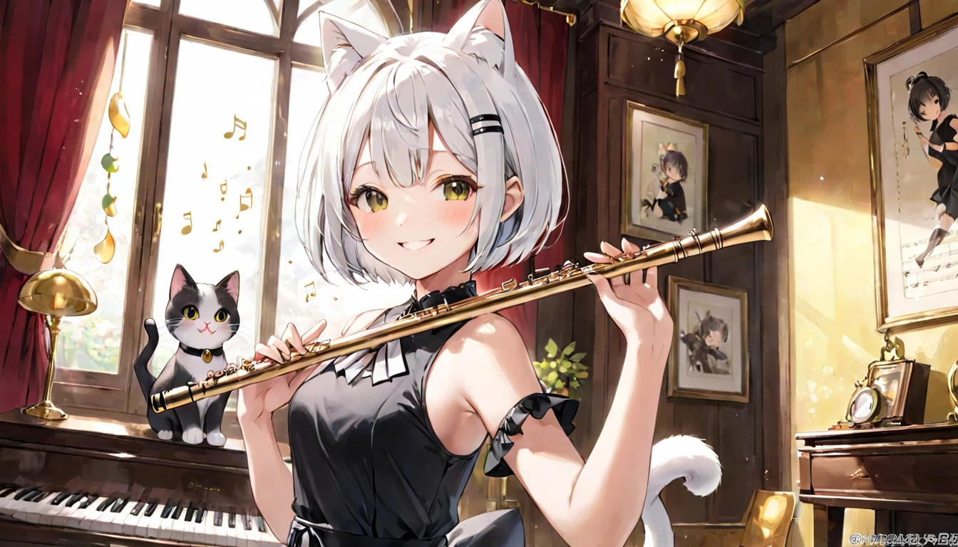 (one girl)、Cat ear、Girl with a flute、music room、short bob woman、Mixed black and white hair、enchanting smile