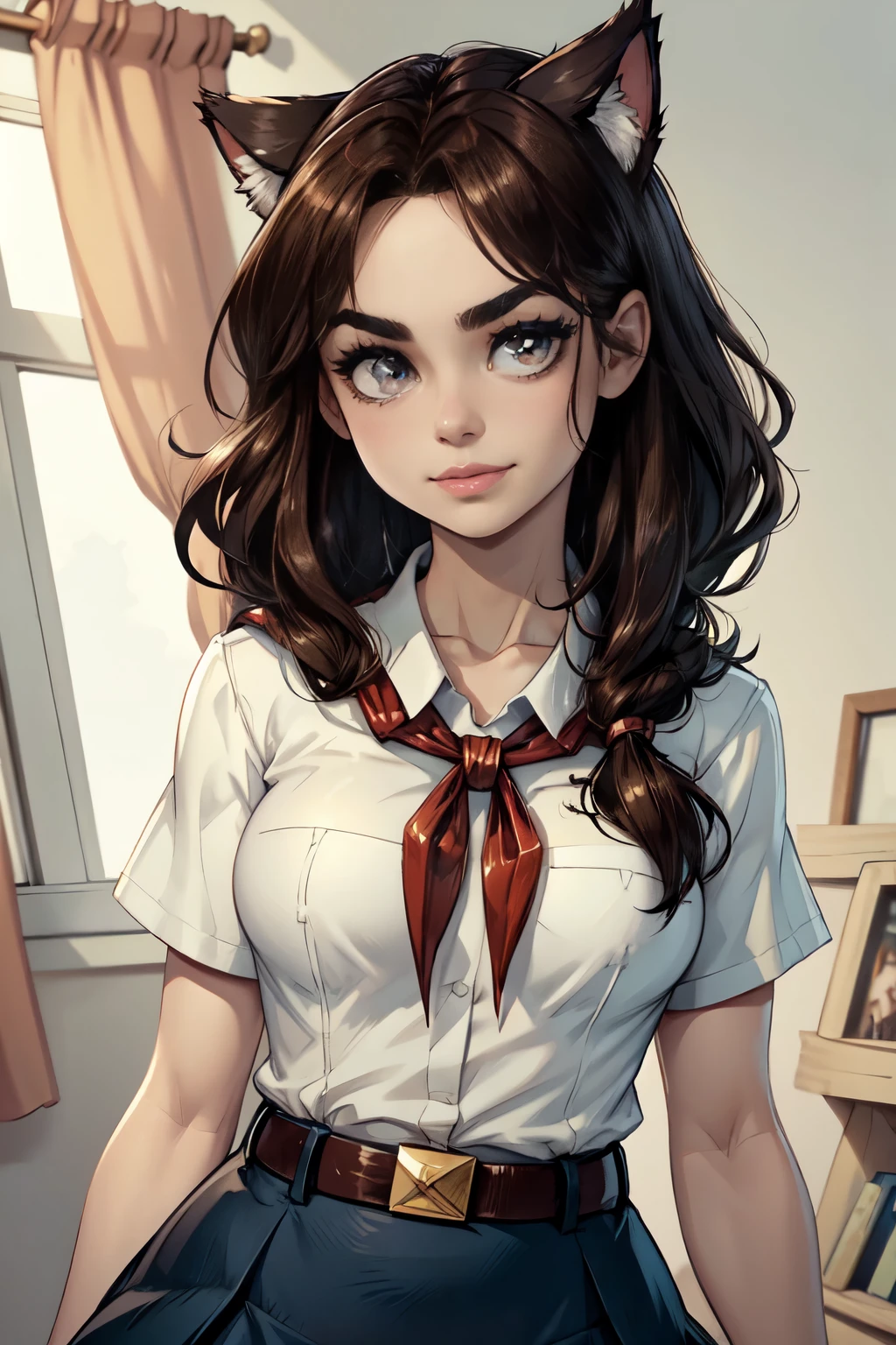 low angle, low angle camera, woman looking down at viewer, looking down at camera, smirking, (incredibly absurdres, (high resolution:1.18), intricate detail, (masterpiece:1.1), (highest quality:1.1), absurdres),1woman, portrait, red thick hair, long hair, straight hair, detailed eyes, arrogant smile, sharp eyes, villain girl, blood on face, dark, emo, vest and necktie outfit, perfect face, perfect lips, perfect eyes, perferct nose, beautiful woman, pretty woman, gorgeous woman, attractive woman