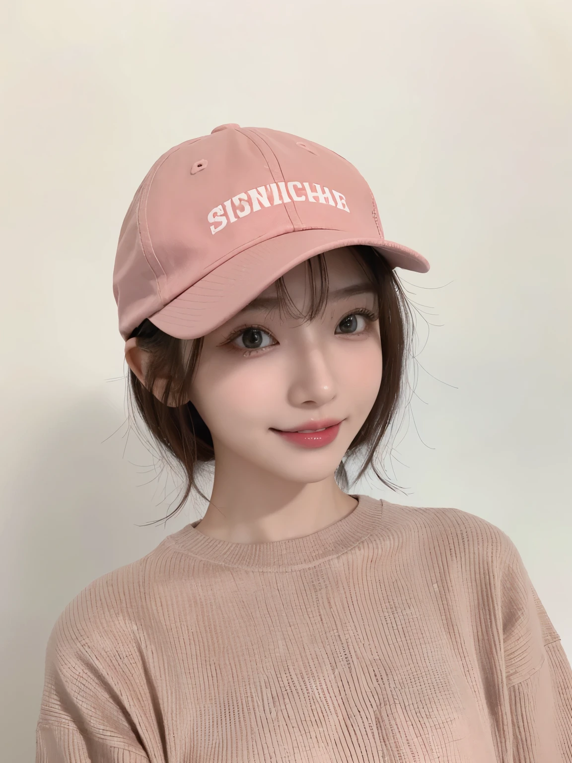 Best image quality、original photo、ultra high resolution、21 years old Korean、small breasts、dynamic angle、Cowboy shooting、The most beautiful form of chaos、elegant、Innovative design、bright colors、,light brown short hair、disheveled hair、light brown eyes 、black baseball cap(表情Smile)、short bob、Smile、Fair and shiny skin、beautiful eyes,random colors、The details are very beautiful、thin lips、细致beautiful eyes、elongated eyes、Pale pink cheeks、long eyelashes、beautiful double eyelids、eye shadow、he、White Large T-shirt Sweatshirt、baggy pants、Shot from the side、sexy pose、enlarge