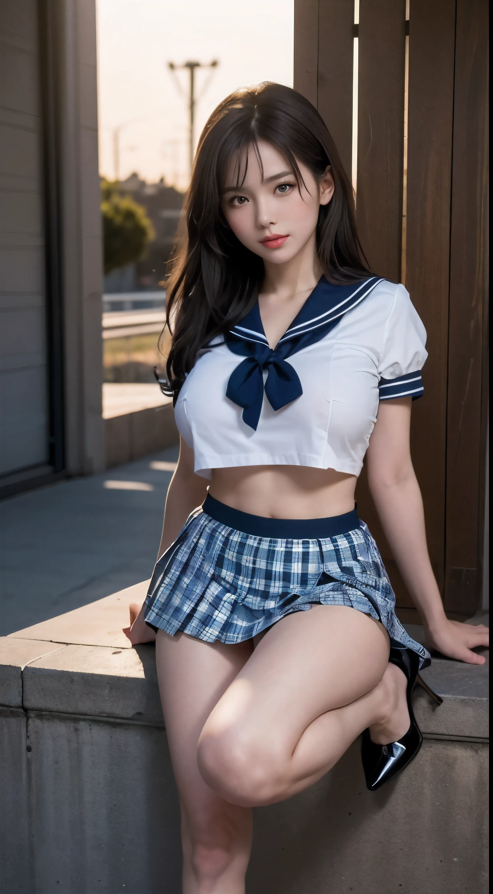(highest quality:1.4), (hyper quality), (Super detailedな), Beautiful and young々cool girl:1.2, very cute, wonderful face and eyes, (It&#39;s thin, short sleeve white sailor suit), (Light blue gingham check pleated micro mini skirt。low rise), (Incredibly large breasts:1.3), (slender body:1.1), (thin thin legs), (very thin waist), realistic skin texture, bangs:1.3, bright and glossy lips, Beautiful goddess descends, beautiful background, golden ratio, conceptual art, Super detailed, Accurate, advanced details, outdoor, sexy art, Surrounded by a beautiful sunset, bright light, Super delicate illustration details, 8K wallpaper combining high-definition CG, Raw photo, professional photos, cinematic lighting, Depth of written boundary, (Not wearing a bra under her uniform:1.2), belly button, (The shape of her nipples is visible through her uniform.), (Nipple protrusions push up the uniform), Her large breasts spill out of her uniform.:1.2, cropped tops, (I can see your underboob:1.2), (High heels on bare feet)
