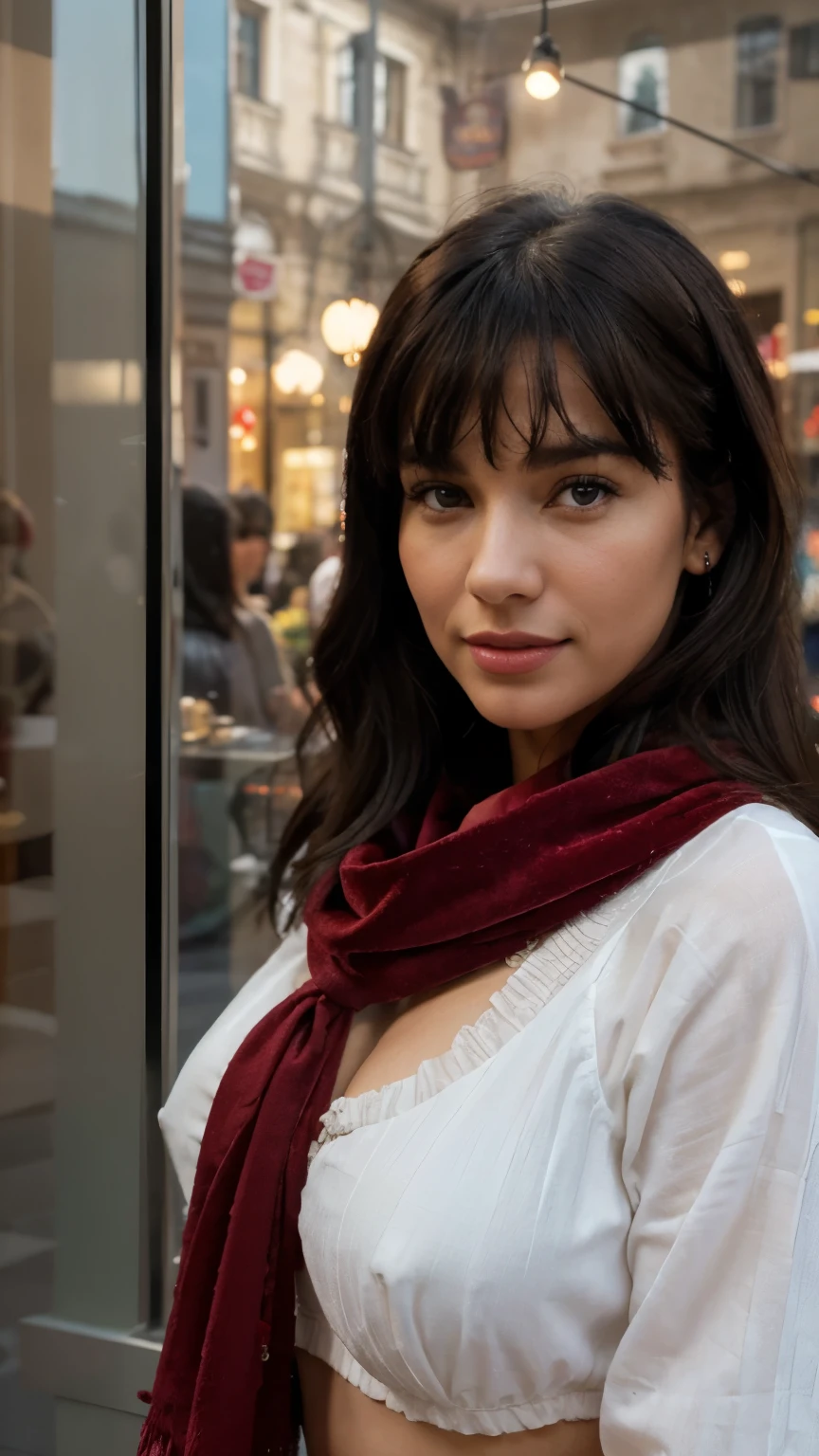solo lovely smiling Bettie Page,, in front of boutique, (highest quality texture), boutique store front, display windows full of interesting items, film quality, dark skinned woman dressed in high style fashion, she wears red velvet scarf, (highest level red velvet texture detail, luxurious), she's in front of beautiful boutique ,soft accent candlelight in windows, gorgeous rembranndt like lighting, (Rembrandt patch), (highest quality window details), hip cool boutique in background, silky long dark hair, hair bangs to her eyes, every detail,Fine facial features, Masterpiece – Masterpiece ○○ quality – ○○ quality best quality(Highest Quality) ,Leica film, best, solo female, High quality (hiquality) etc ○○ detailed – ○○ details ultra detailed(Ultra-fine ), Photorealistic, Extremely detailed(Extremely detailed) , Finely detailed(Fine-grained), (highest detail skin texture peachfuzz earlobe realistic) etc ○○ res – ○○ resolution ultra high res(A high resolution) , very high texture res(light resolution), Realistic – Realistic Photorealistic – photorealistic beautiful – beautiful 4k , 8K, artsy shop front, close and intimate,