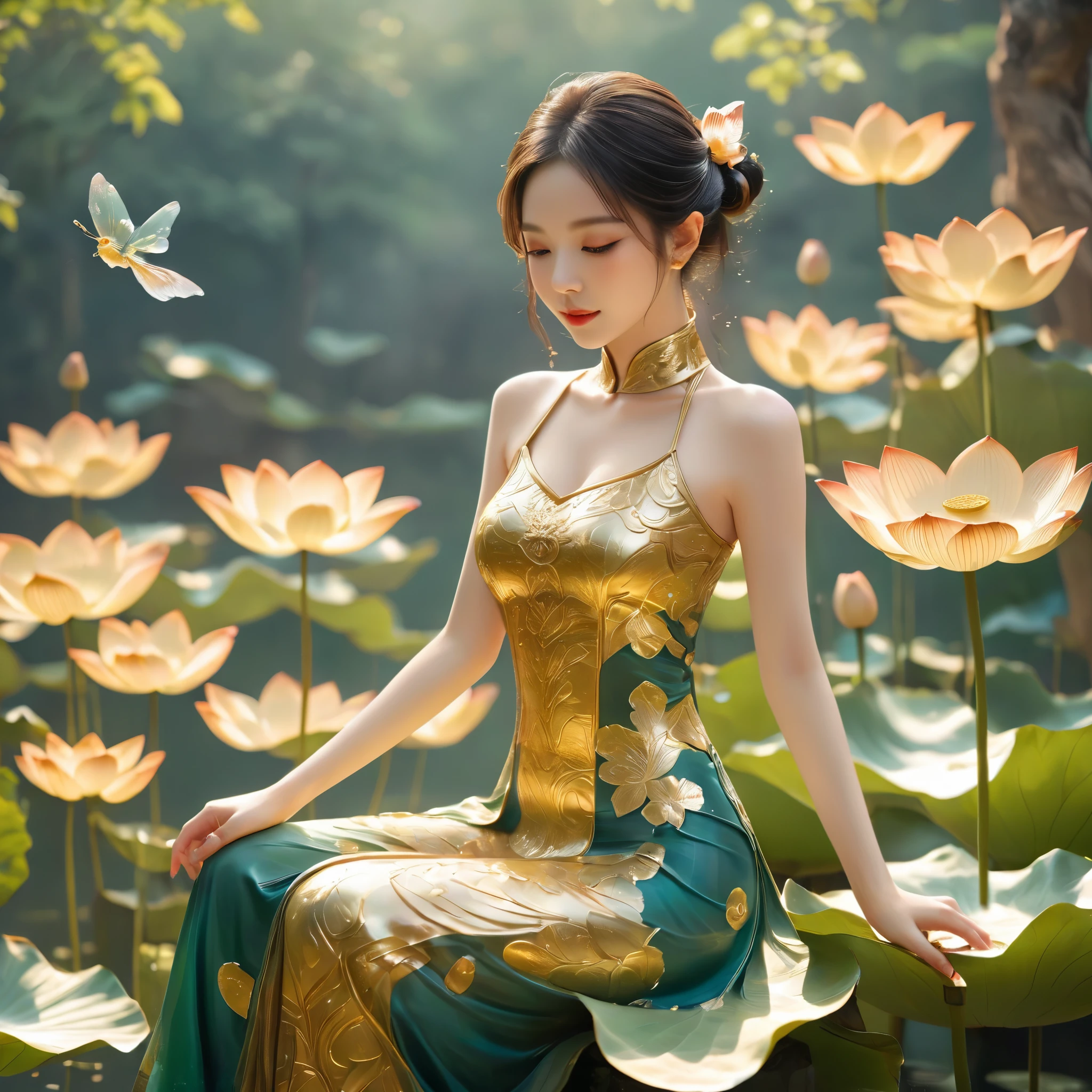 1girl, solo,（lotus）， lotus leaf fairy，anatomically correct，Ultra-clear，masterpiece，3D，skin texture，realistic，Gorgeous traditional Chinese tops，Embossed leggings, stand，golden dream