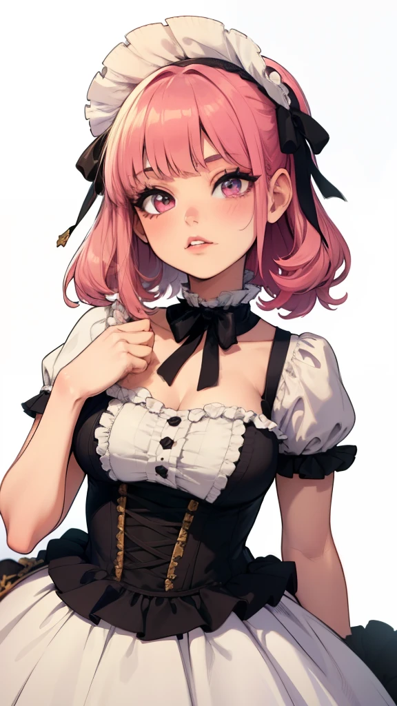 Super tender cute girl in Lolita dress with pink hair. Ultra-high 8K picture quality, delicate texture, pure white background.