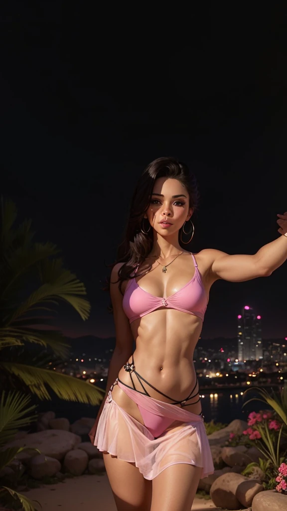 there is a woman in a pink bikini posing for a picture, her belly button is exposed, colombian, julia fuentes, lorena avarez, nice view, karla ortiz, photo of slim girl, alanis guillen, violet myers, pink body, at night time, fit pic, sexy hot body, great view, the extremely hot and sexy, sexy girl