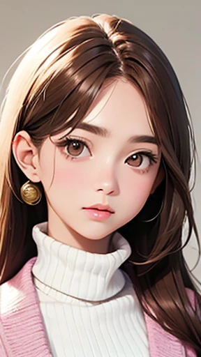 highest quality、realistic、Japanese、Girls Zoom、look up、cute、brown eyes、chestnut hair、pink turtleneck、white vest、bust shot、slender