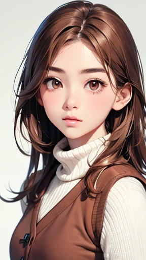 highest quality、realistic、Japanese、Girls Zoom、look up、cute、brown eyes、chestnut hair、pink turtleneck、white vest、bust shot、slender