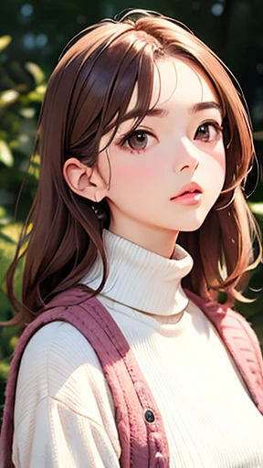 highest quality、realistic、Japanese、Girls Zoom、look up、cute、brown eyes、chestnut hair、pink turtleneck、white vest、bust shot、slender