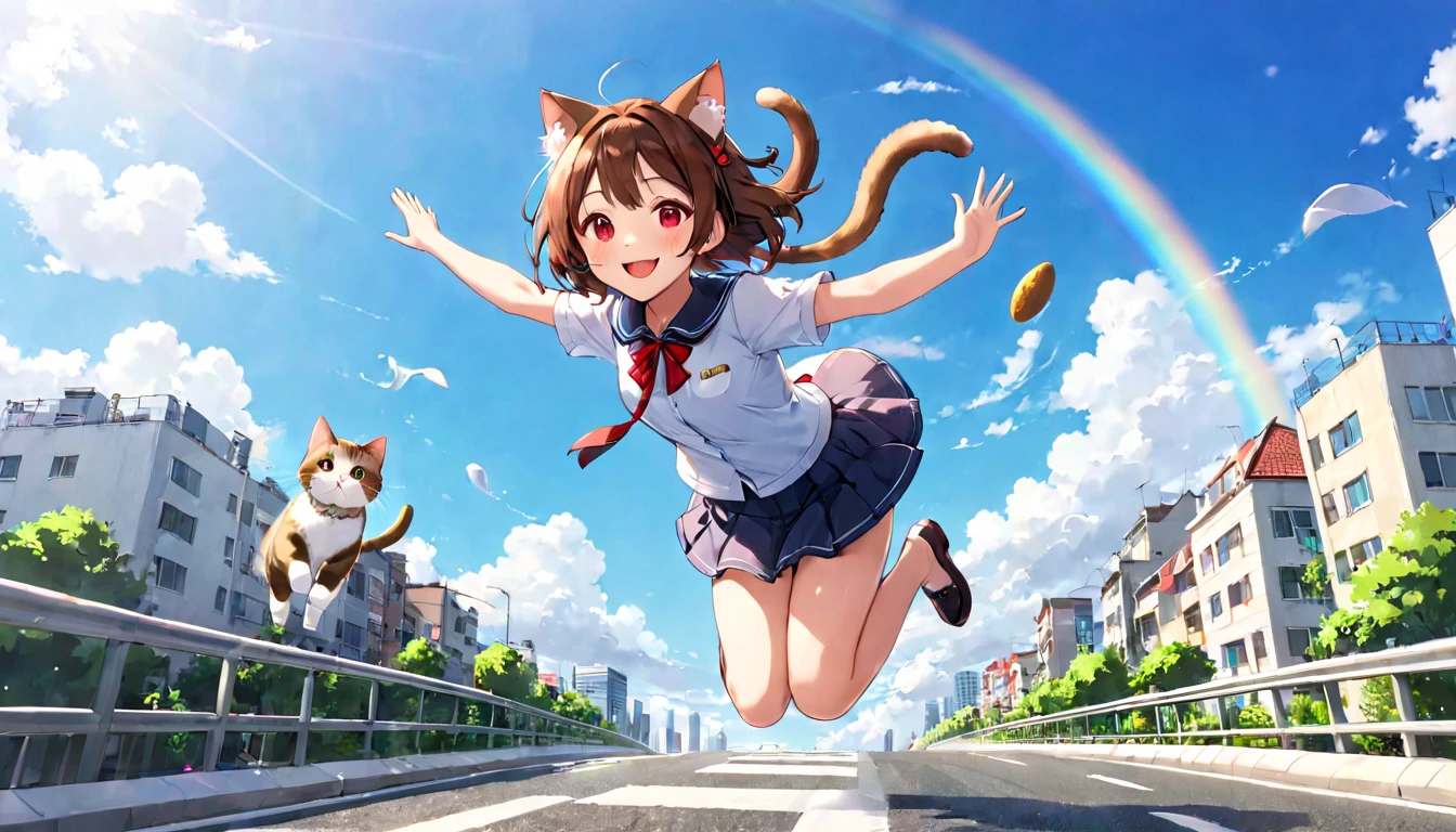 （one girl）、Cat ear、In the middle of the city road、Jumping Girl、Woman with two side up hairstyle、brown hair、enchanting smile、red cheeks、Girl flying in the sky