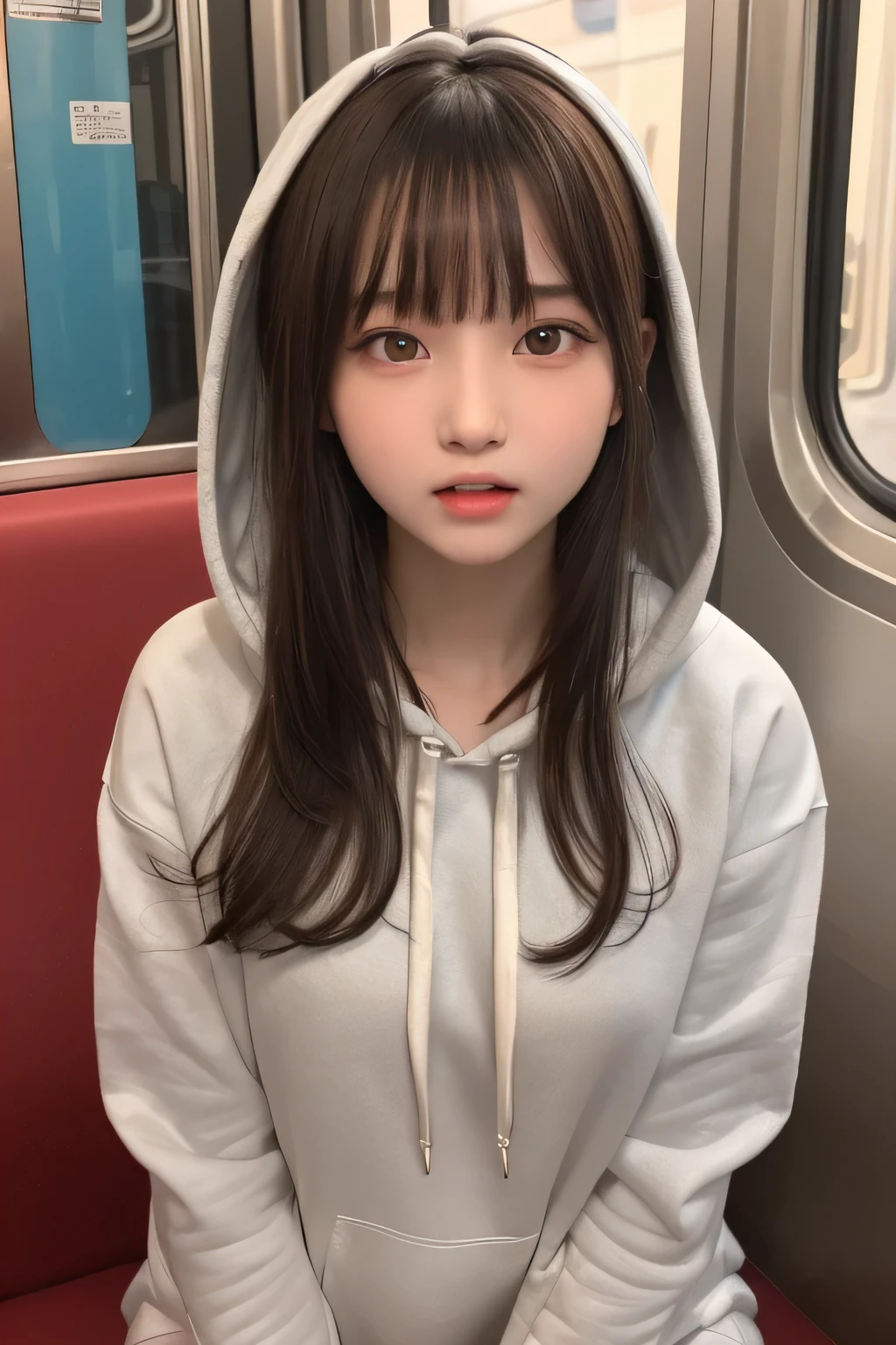 masterpiece, highest quality, one girl, (beautiful girl, delicate girl:1.3), (15 years old:1.3), very fine resolution, (symmetrical eyes:1.3), (Inside the train:1.2), (hoodie:1.3), small breasts, brown eyes, parted bangs, brown hair, petit girl, (Eye and face details:1.2), upper teeth, open your mouth