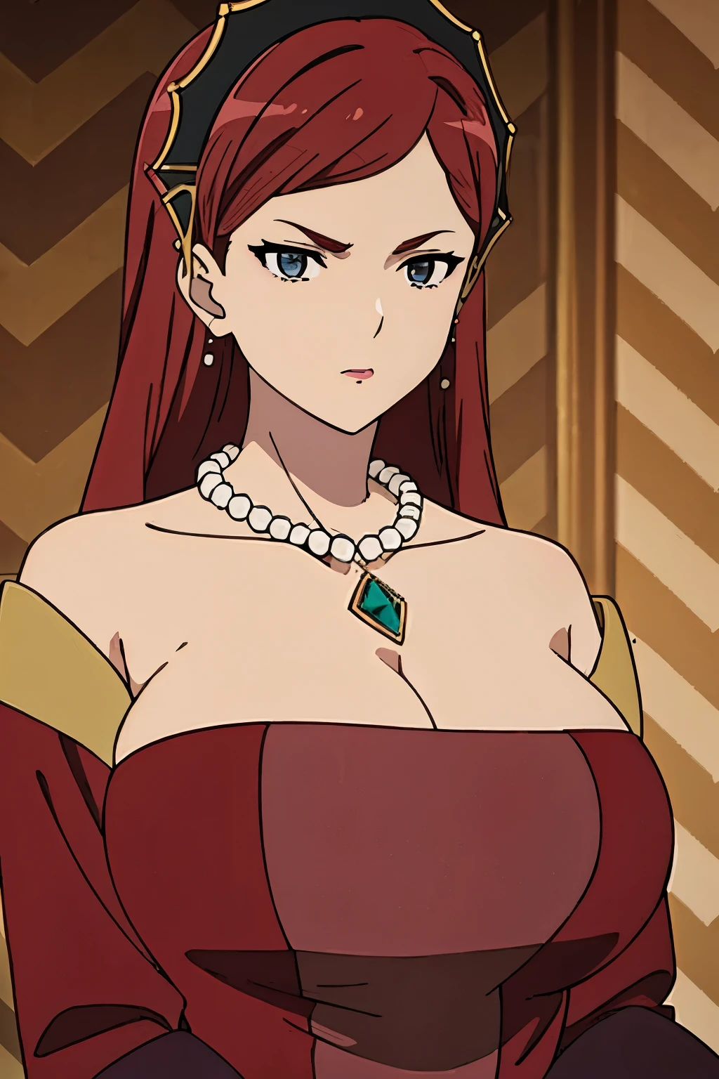 dress, hair band, maroon hair, milf, busty, huge tits , long hair,  emotionless, detailed, upperbody, necklace,