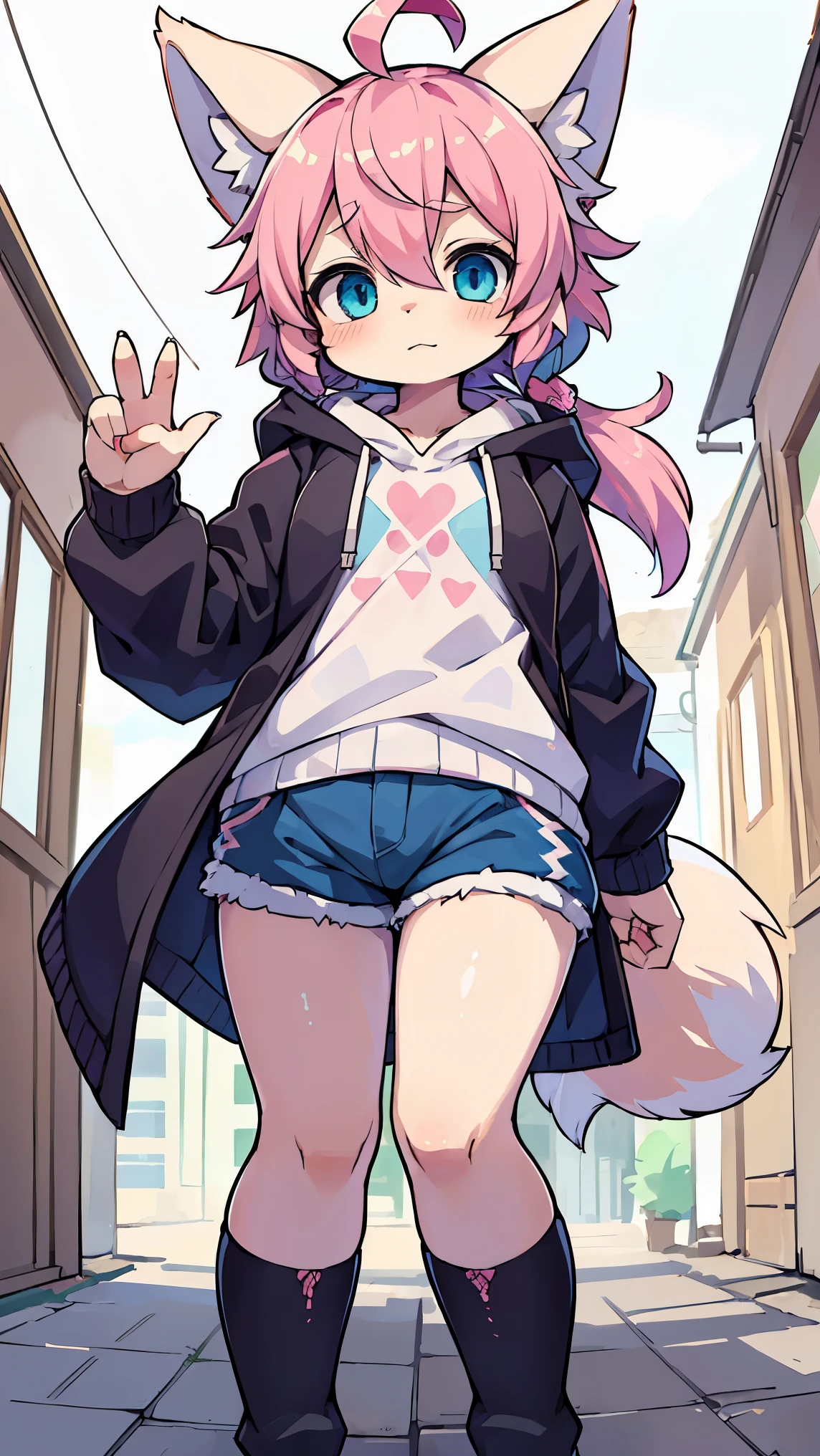 (masterpiece, best qulity) Kawaii, Fluffy Fox, Pink hair, Pink Eye, Blue Eye, heterochromia, Solo, Oversized Hood Jacket, knit sweater, shorts, Pink Striped thigh high Socks, Calf boots, ,