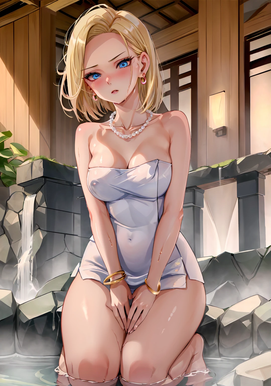 (kda),(and18, 1girl, android 18, solo, blonde hair, blue eyes, pearl_necklace, bracelet, short hair, earrings, large breasts),(naked towel), master piece,best quality,ultra detailed,8k, Cute, Blushing, plump lips, mouth half open,shy look,20s,waist slender, delicate, wet towel, transparent skin, open-air bath,japan,waterfall, glowing,Japanese inn,direct light,(hand between legs:1.3),(shoot from below1.2),glossy skin,wet skin