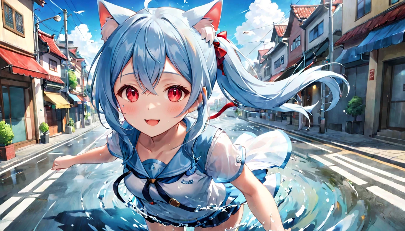 （one girl）、Cat ear、In the middle of the city road、ponytail woman、Light blue hair、Watery eye、A faint smile、red cheeks、Girl flying in the sky