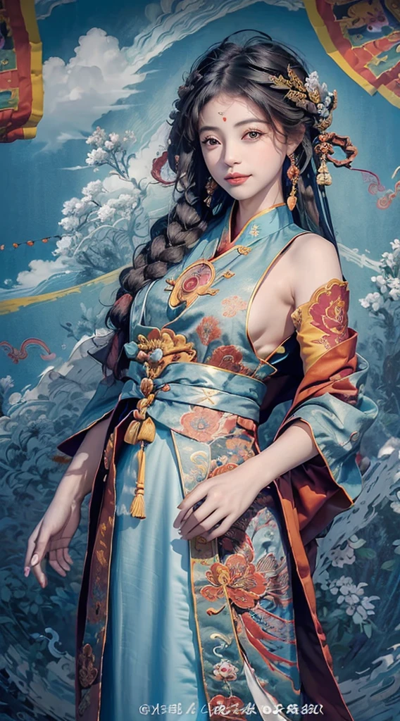Official Art, Unified 8K Wallpapers, Ultra Detailed, Beautiful and Aesthetic, Masterpiece, Best Quality, (Zentangle, Tangle, Entangle), (fractal art: 1.4), 1girl, black hair, Chinese, bare shoulders, short skirt, calf, navel, very detailed, dynamic angle, cowboyshot, (most beautiful form chaos), flowing, (bright colors), oc, (half: 1.2), china, (thangka flying sky: 1.5), (ribbon: 1.3), (dream: 1.5), (hanfu: 1.5), Chinese dragon, Chinese phoenix, (smile: 0.5), (Chinese deity),