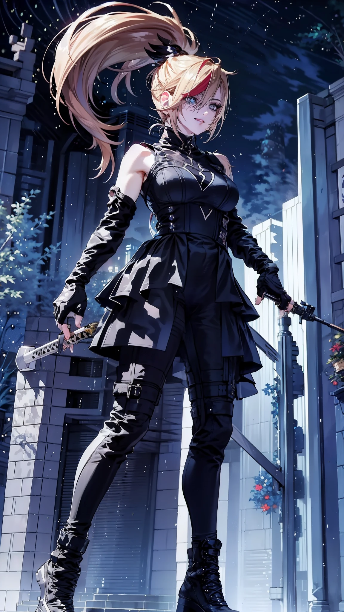 (best quality, 4k, high-resolution, realistic: 1.37), vibrant colors, energetic atmosphere, dynamic motion, stunning background, soft lighting, vivid expressions, glossy lips, elegant outfit, athletic body, flawless skin, fierce determination, action-packed scene, powerful presence, radiating confidence, professional photography, eye-catching composition, impressive artistry, sharp katana, precision movements, graceful stance, precise details, intricate patterns, intense focus, captivating personality, charming smile, bold contrasts, captivating gaze, illuminated by streetlights, urban setting, bustling cityscape, cinematic flair, dramatic shadows, vibrant city lights.Cheerleader, cute woman, holding down a katana, big smile, expressive, simple nightscape, confident smile, ultra detailed face, better quality, perfect eyes Blue, glowing eyes, long eyelashes, sharp eyes, ultra detailed face, ultra long hair, ultra detailed hair, ultra detailed hair strands, catwalk, walking down the streets, night, starry Sky, ultra detailed lips, Red lips,
