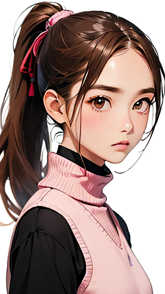 highest quality、realistic、Japanese、Girls Zoom、look up、cute、brown eyes、chestnut hair、ponytail、pink turtleneck、white vest、bust shot、slender