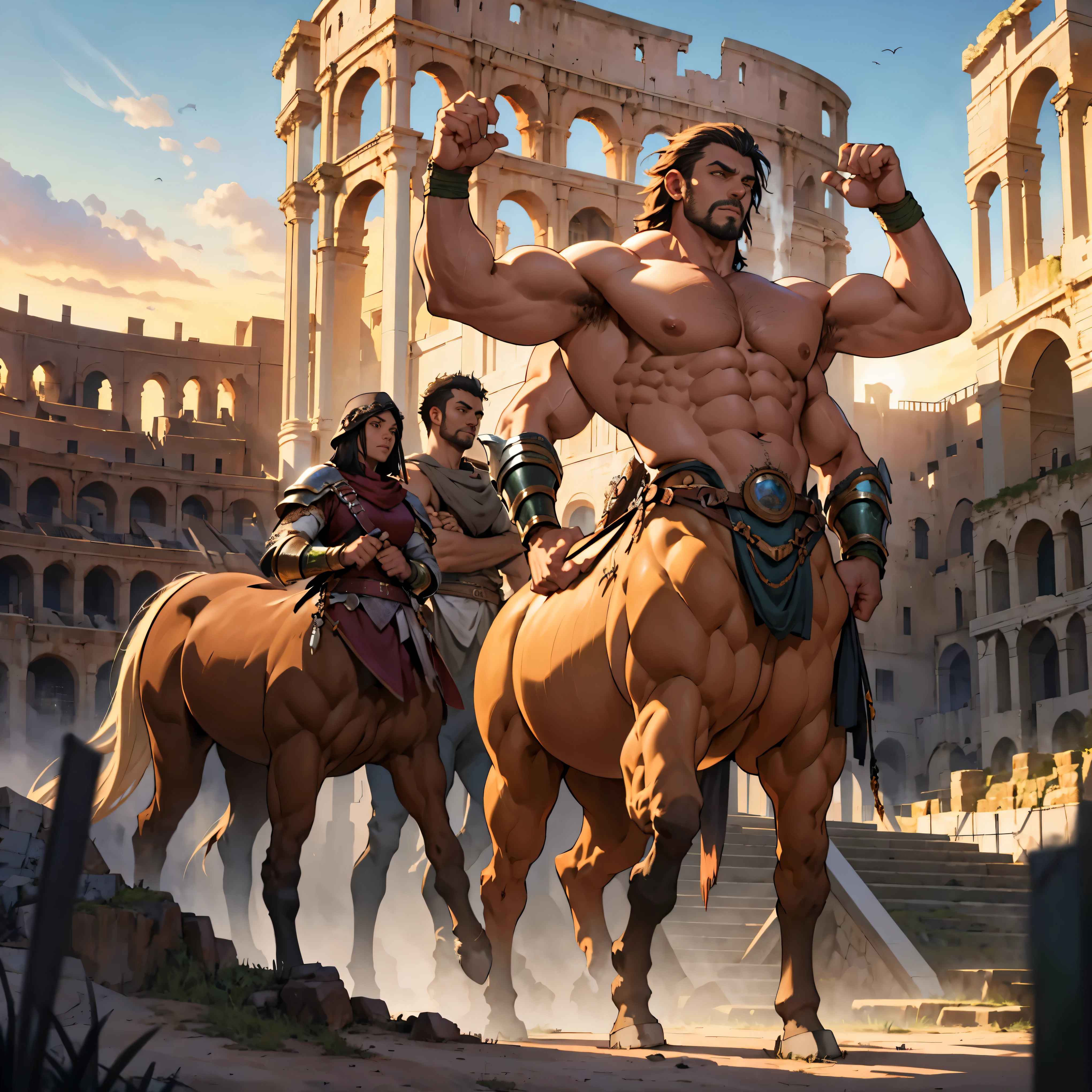 highly detailed full body full color photo of a centaur:1.2, standing, tall, green short hair, gauntlets, bare chest, detailed muscular physique, lifelike depiction, 4K resolution. Background: Colosseum during a spectacular sunset,32k uhd, best quality, masterpiece, extra arms, 4arms,