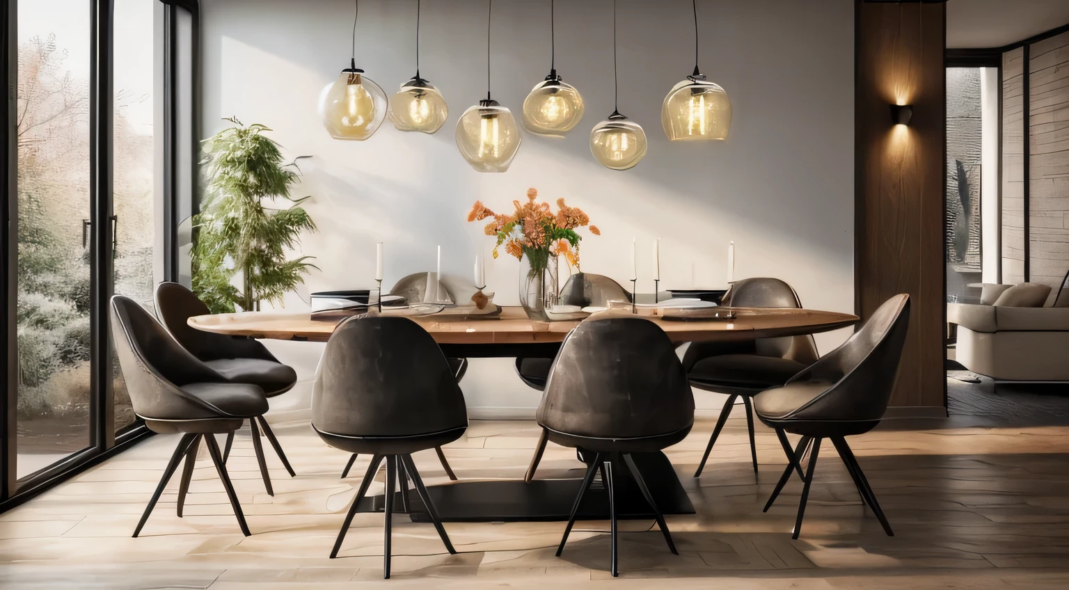 A dining room with an oval black table and chairs, large hanging glass pendant lights above the table, modern interior design style in the style of a Dutch house, white walls, light wood floor, industrial ceiling lamp, dark brown velvet chair, industrial door on one side of the wall.