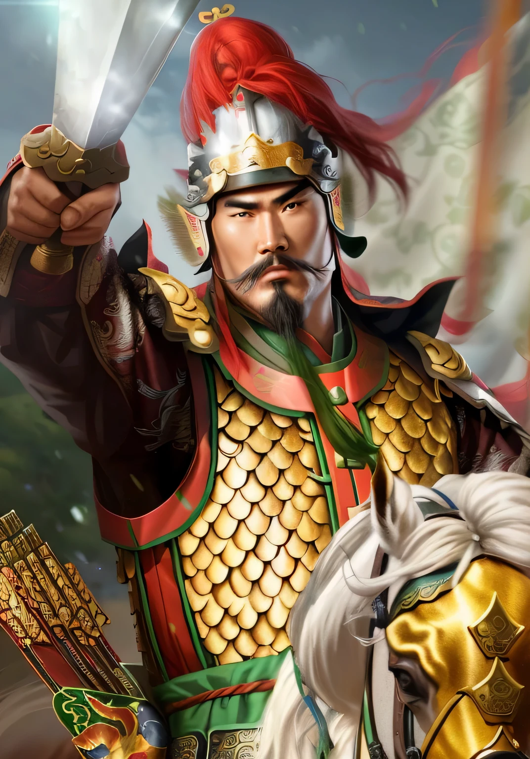 There was a man in costume riding a horse,holding sword in hand, Guan yu, Three Kingdoms of China, , bian lian, dynasty warriors, from the three kingdoms, Inspired by Li Kan, zhao yun, Chinese warrior, photo of , Mongol, Inspired by Guo Chun, Inspired by Hu Zaobin, Inspired by Huang Shen