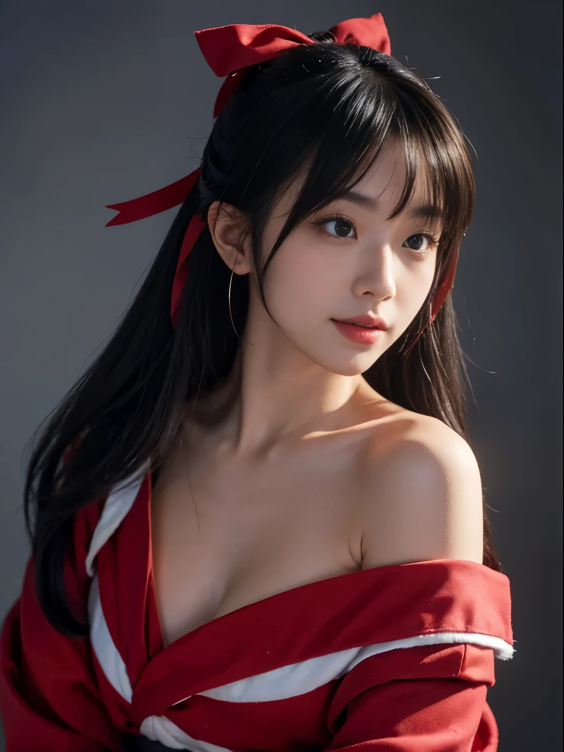 Unbeatable masterpiece, Ultra photo realsisim, Perfect artwork, Intricate details, Best quality, Strong light,High contrast, Masterpiece , Best quality , offcial art ,Extremely detailed Cg Unity 8K wallpaper ,1girll , Solo , Realistic , Makeup , A high resolution , full bodyesbian , view the viewer , Smile, bangs , Bare shoulders , Black hair ,crossed bangs , hair between eye , hair adornments ,Hair ribbon , Japanese style costume , komono , Long hair ,Mask , masks on head , cropped shoulders , partedlips , Red eyes , red kimono , Red ribbon ,ribbon , sash , sky , Solo , striped ribbon ,taihou \(Rainel Blue) , double tails , Very hairy , Wide sleeves , (Shiny skin) ,