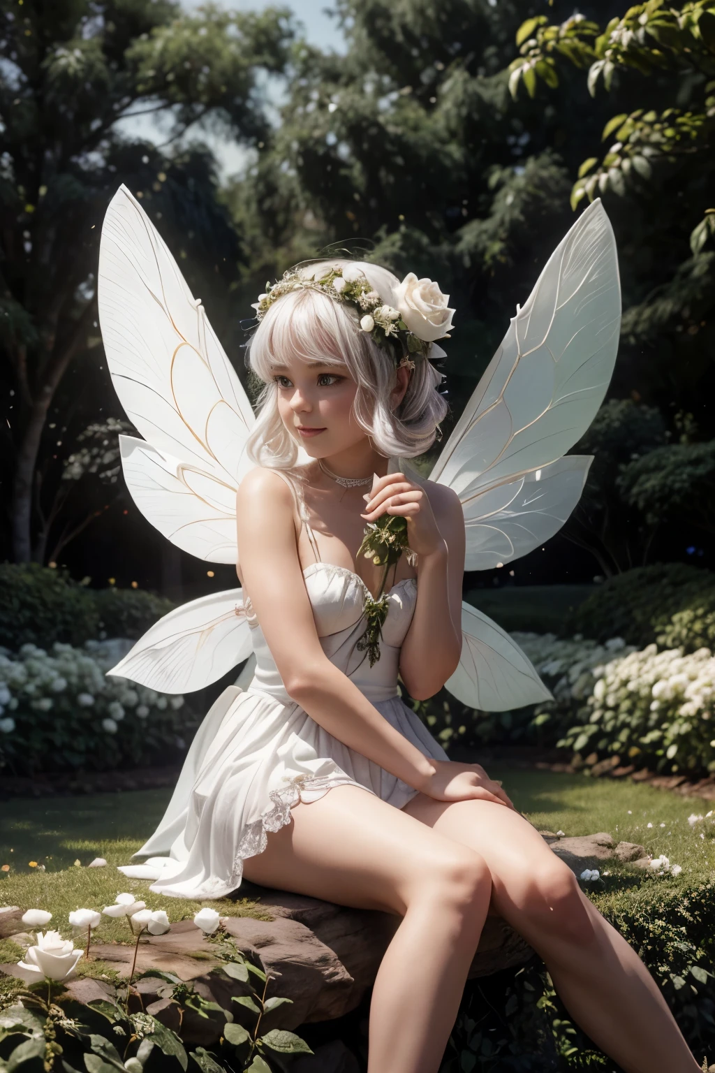 a ultra miniture cute mythical fairy sitting inside of a ultra white rose bud, white rose garden, white rose, in a garden, 8k