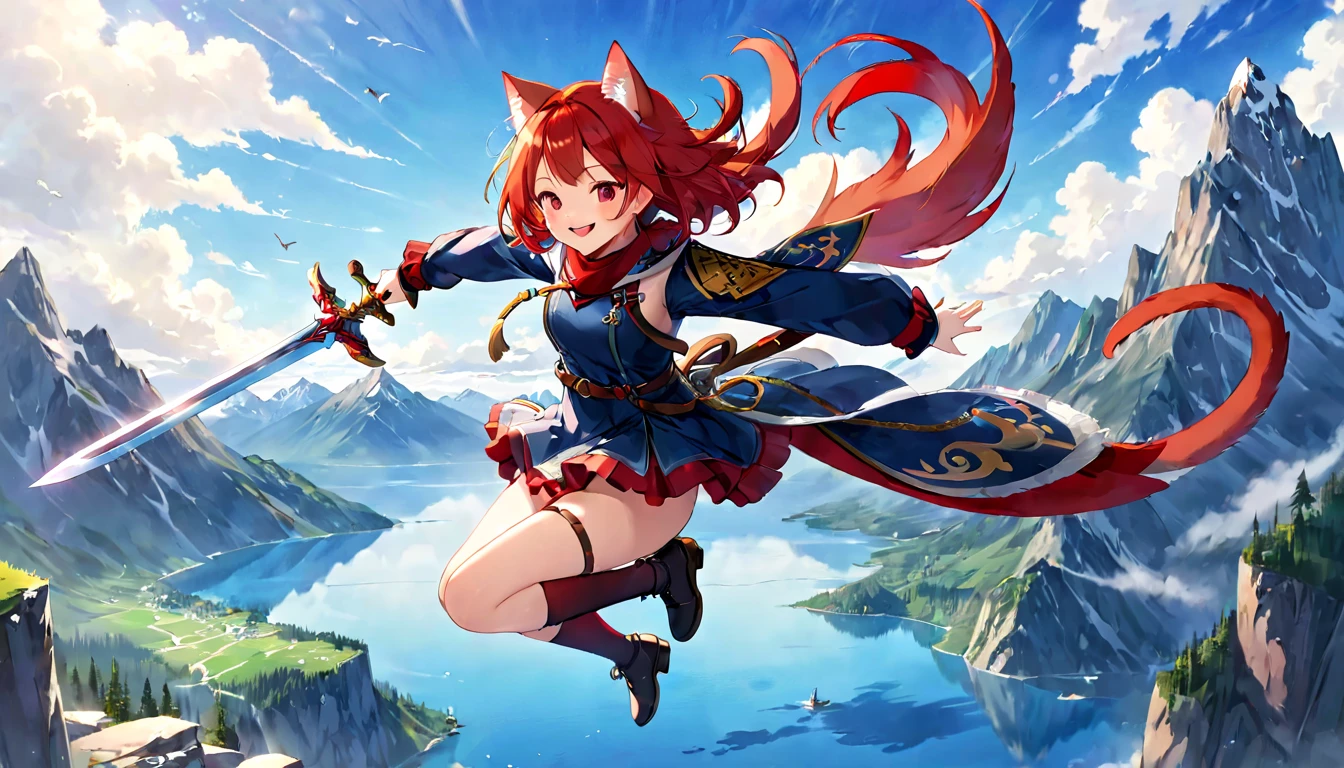(one girl)、Cat ear、big lake、High altitude mountain、Jumping Girl、Side tail woman、bright red hair、enchanting smile、red cheeks、Girl flying in the sky、has a big sword、Falling from the sky
