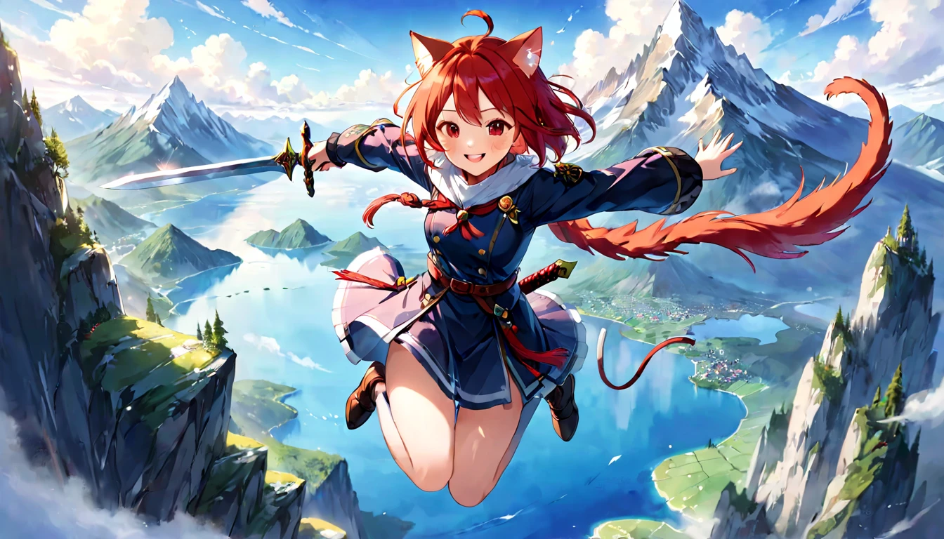 （one girl）、Cat ear、big lake、High altitude mountain、Jumping Girl、Side tail woman、bright red hair、enchanting smile、red cheeks、Girl flying in the sky、has a big sword、Falling from the sky