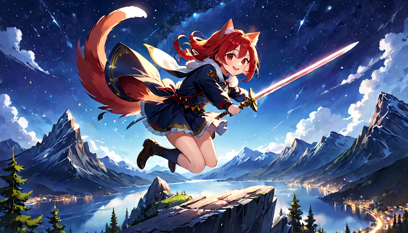 (one girl)、Cat ear、big lake、High altitude mountain、Jumping Girl、Side tail woman、bright red hair、enchanting smile、red cheeks、Girl flying in the sky、has a big sword、Stars falling from the sky々、night scenery
