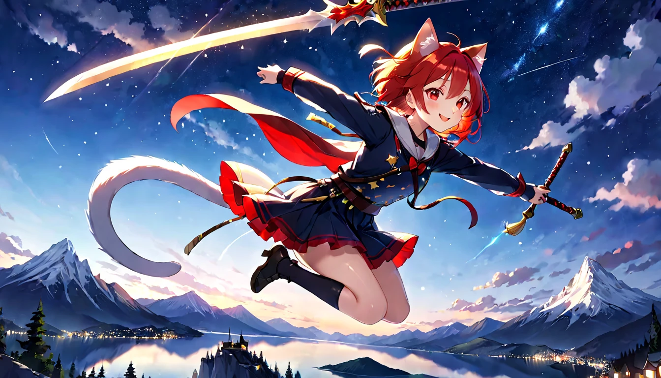 (one girl)、Cat ear、big lake、High altitude mountain、Jumping Girl、Side tail woman、bright red hair、enchanting smile、red cheeks、Girl flying in the sky、has a big sword、Stars falling from the sky々、night scenery