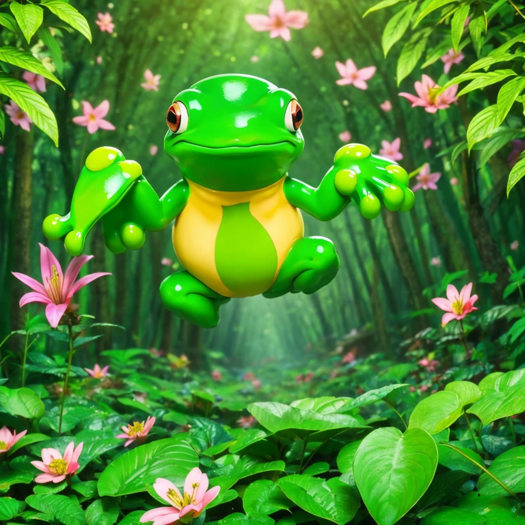 The frog character、In a bright and vibrant forest、Jumping happily。He has a lovely look、With big eyes, he looks at his surroundings with interest.。His body is bright green.、It has a lovely pattern。He roams freely in nature、It's full of fun and adventure.。In the background、wood々There are colorful flowers.、You can feel the vivid atmosphere of the forest.。The frog character、In harmony with nature、Full of vitality。The frog is a perfect character all by itself、Designed to be used as an icon