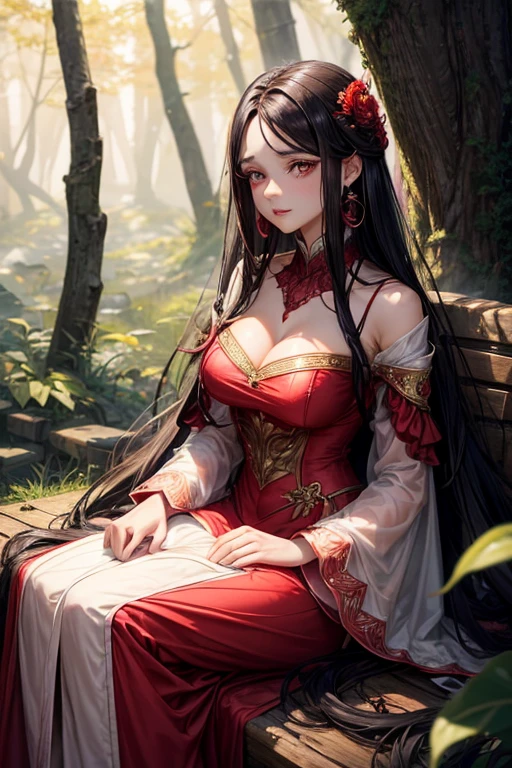 (very delicate, Masterpiece, Excellent lighting and shadows, HD wallpaper 8K), woman, 22 years old, princess, black hair, red, straight hair, floor length, ดวงตาสีred, Big round, plump lips, pink cheeks, big breasts, wide hips, ชุดสีred, evening dress, golden crown, In the middle of the forest, sit