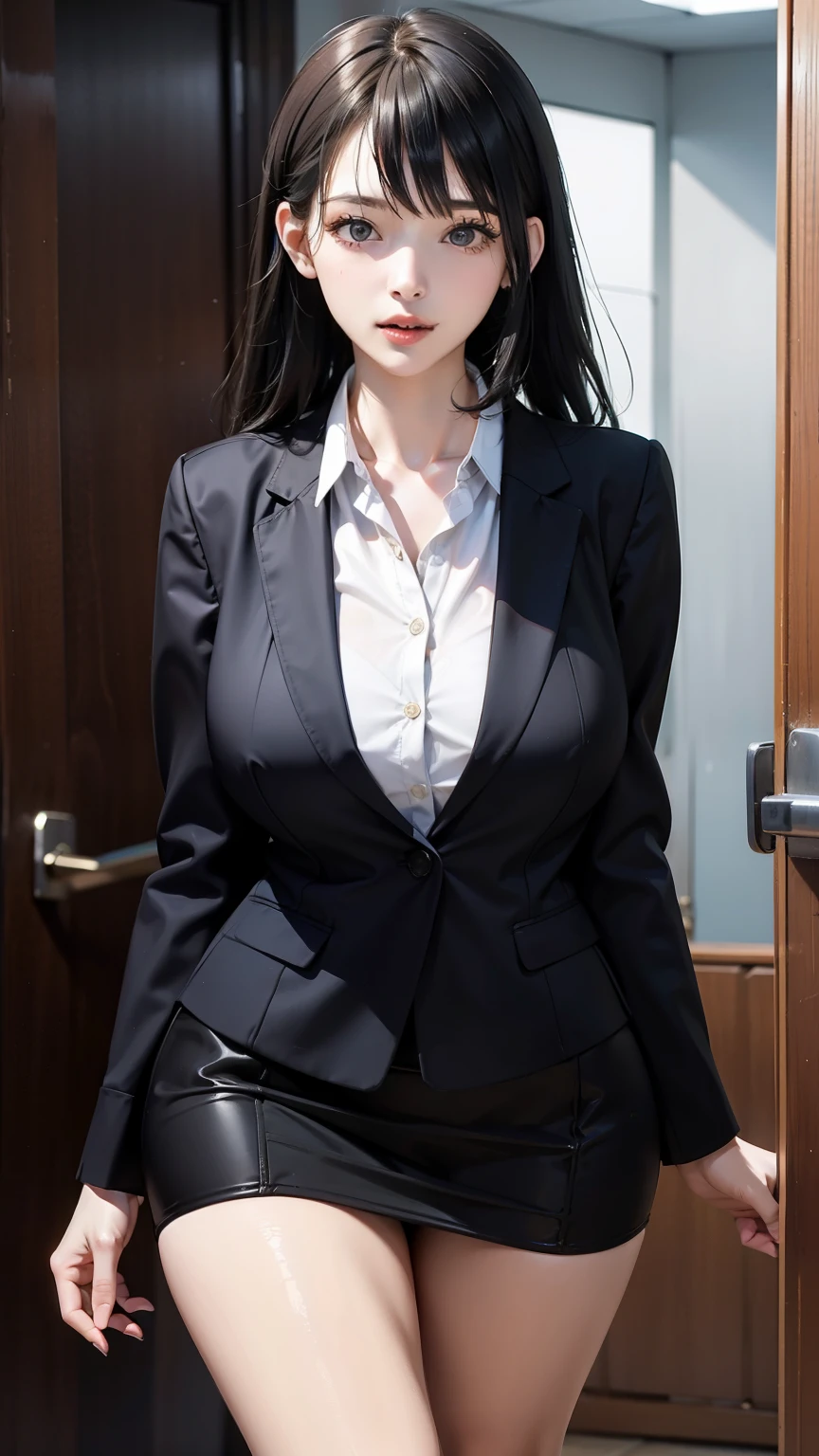 A woman in business attire stands at the door with her mouth open