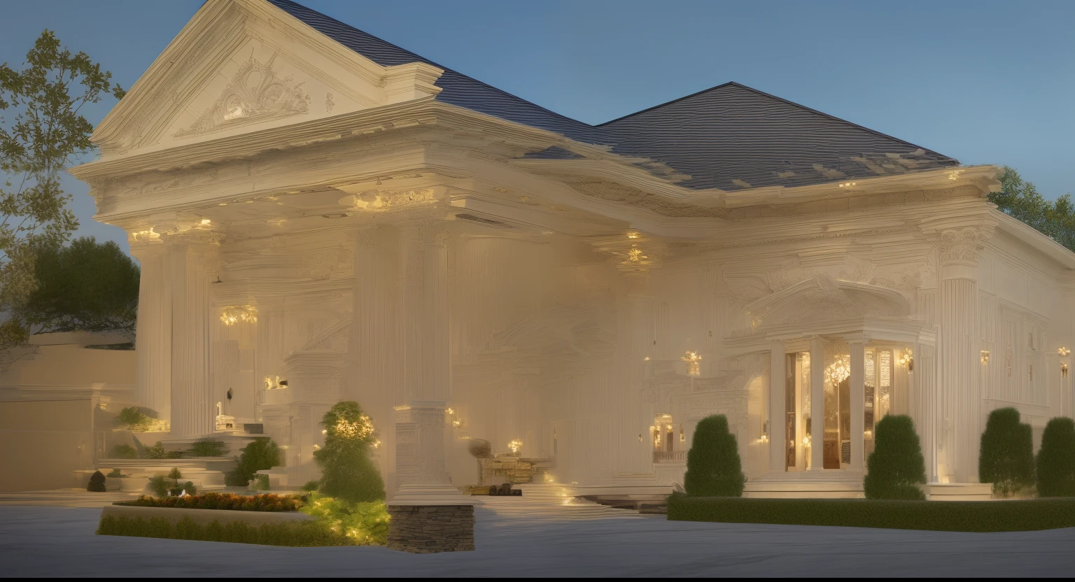 Stone-paved garden, fruit trees, flowers, a rendering of a house with a large front porch and a porch with columns, classicism style, stunning grand architecture, classicism artstyle, neo - classical style, exterior design, classical architecture, neoclassical style, in style of classicism, beatiful house, classical style, beautiful architecture, detailed classical architecture, architectural masterpiece, beautifully detailed render