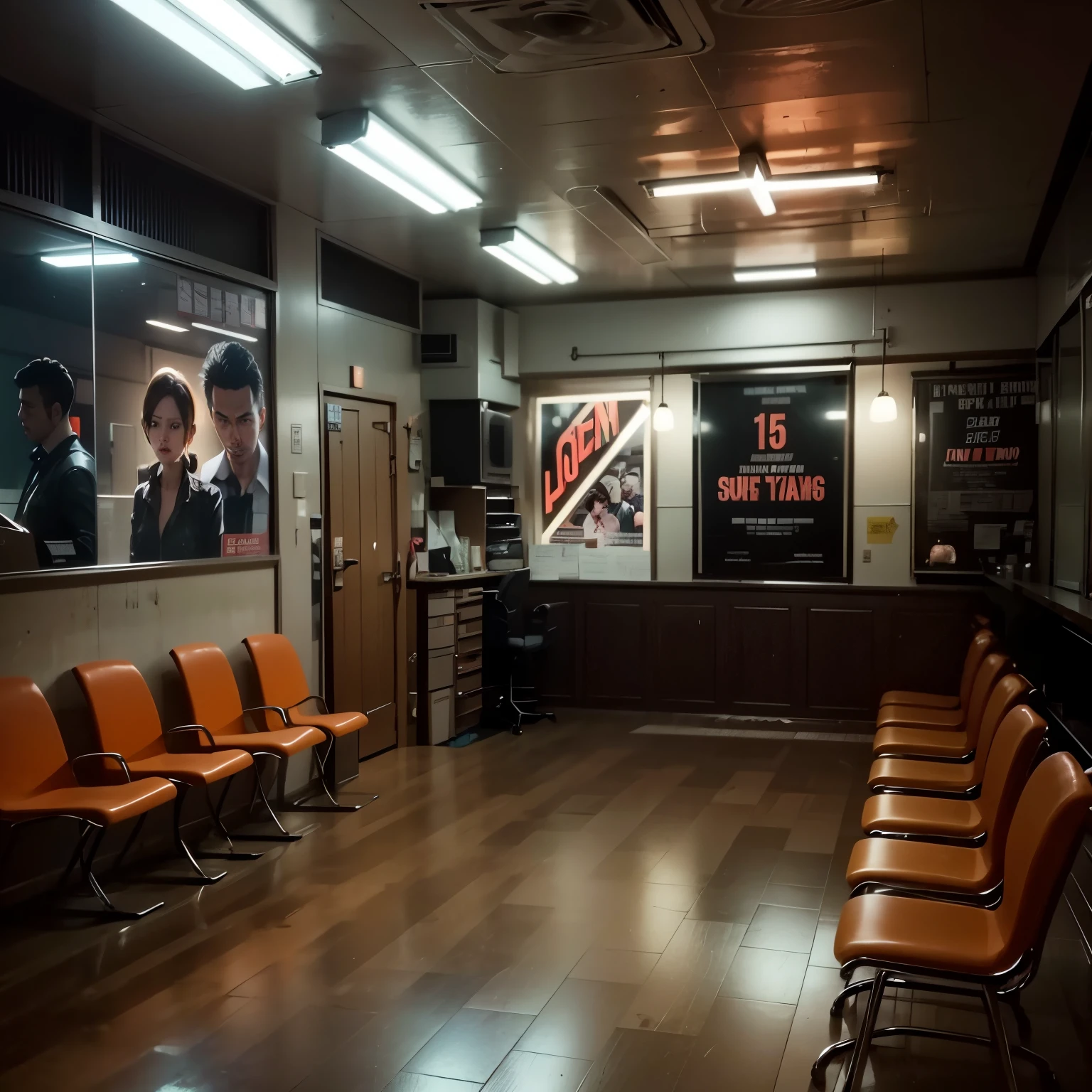 1950's room with lots of chairs,There are posters on the walls, Set within the bank, waiting room, interior of the hall in area 55, an old cinema, Empty back room at night, Movie, sitting in a waiting room, Interior photos, Movies are still in 8k, Wong Kar Wai style, old cinema, set inside of office