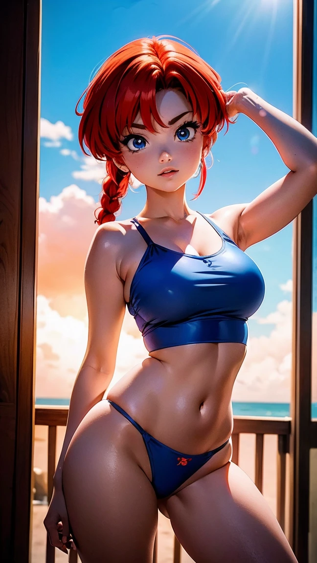 Chica anime pelirroja con falda azul y blusa rosa, s, cuerpo bonito, senos grandes, with hands behind head, pasando tus manos por tu cabello, chica sexy, rpelo con trenza, beautiful lighting, sombras suaves, ojos azules, bonitas piernas, pelo con trenza, estilo anime, Ranma Chan, Autora Rumiko Takahashi, Basado en obra de Rumiko Takahashi, Anime Ranma 1/ 2, sexy decoron, cadera robusta, cuerpo entero, cuerpo completo, busto grande, chica joven con cuerpo hermoso y hermoso, sandalias en los pies, garota 16 years jove estatura, vistiendo una falda azul y una hermosa blusa rosa, chica anime, estilo anime, hermosos pies en sandalias((mejor calidad)), ((obra de arte)), (detallado), cara perfecta