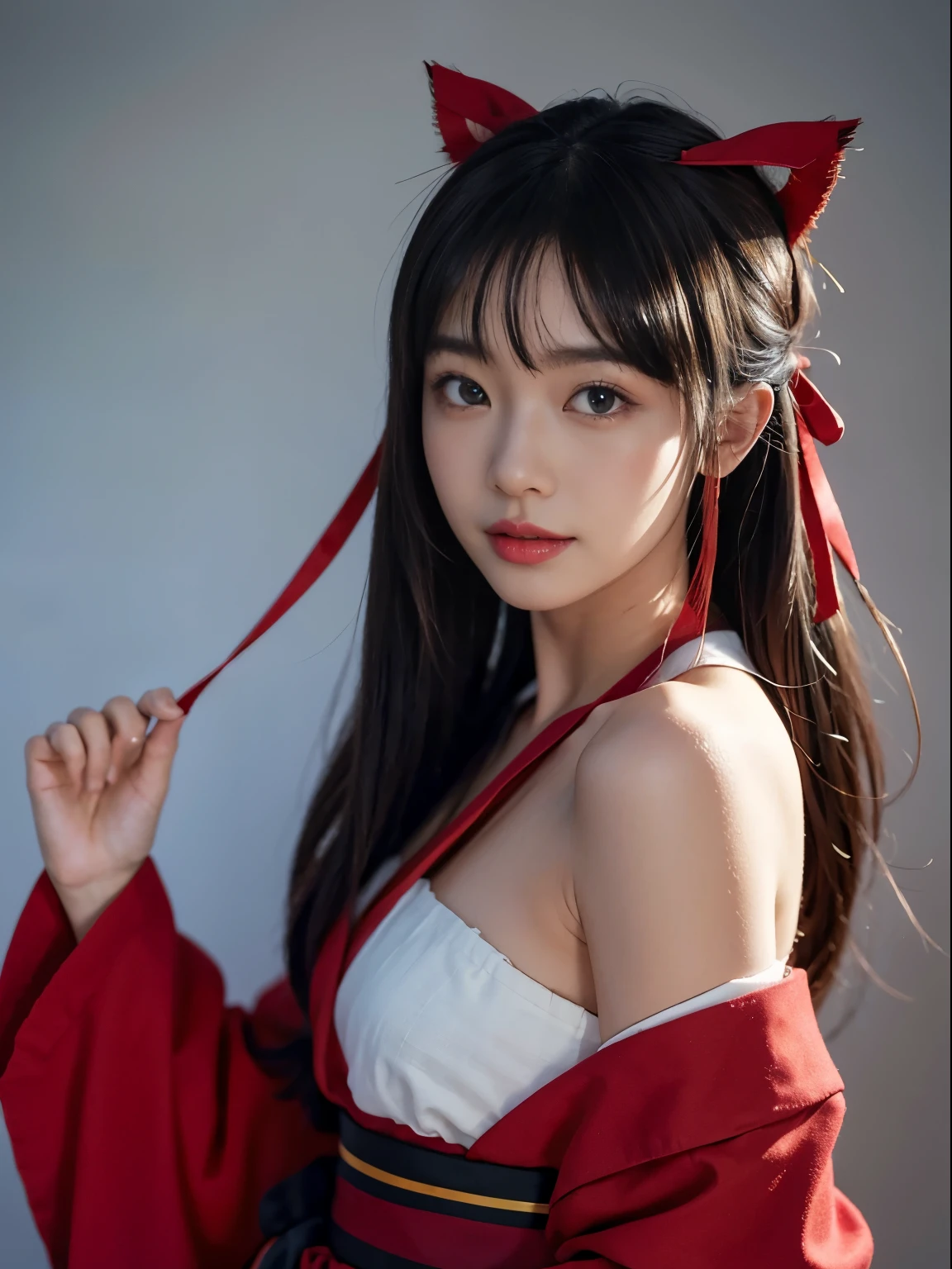Unbeatable masterpiece, Ultra photo realsisim, Perfect artwork, Intricate details, Best quality, Strong light,High contrast, Masterpiece , Best quality , offcial art ,Extremely detailed Cg Unity 8K wallpaper ,1girll , Solo , Realistic , Makeup , A high resolution , full bodyesbian , view the viewer , Smile, bangs , Bare shoulders , Black hair ,crossed bangs , hair between eye , hair adornments ,Hair ribbon , Japanese style costume , komono , Long hair ,Mask , masks on head , cropped shoulders , partedlips , Red eyes , red kimono , Red ribbon ,ribbon , sash , sky , Solo , striped ribbon ,taihou \(Rainel Blue) , double tails , Very hairy , Wide sleeves , (Shiny skin) ,