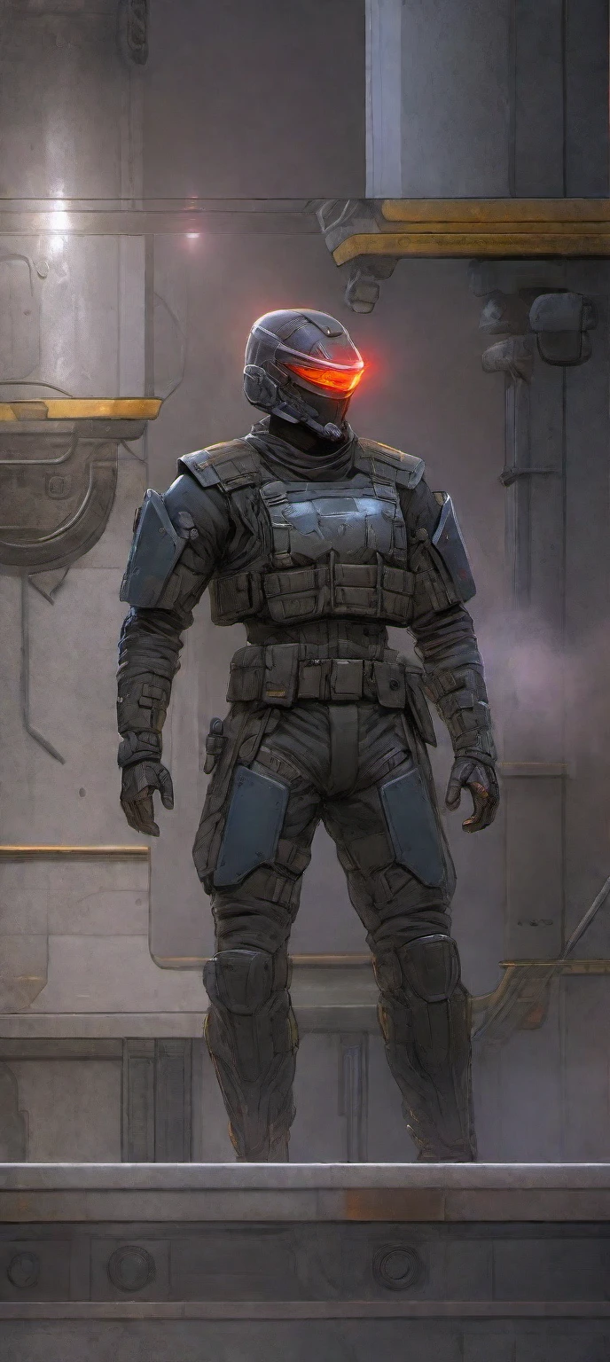 ((Best Quality)), ((Masterpiece)), (Very detailed:1.3),(Depth of Field) HDR (High Dynamic Range), Super Resolution, a man in a helmet dressed in tactical armor, With a black cape,Shoulder pads, Knee pads, Utility belt, three throwing knives holstered on his arm, Pistol holstered on his leg