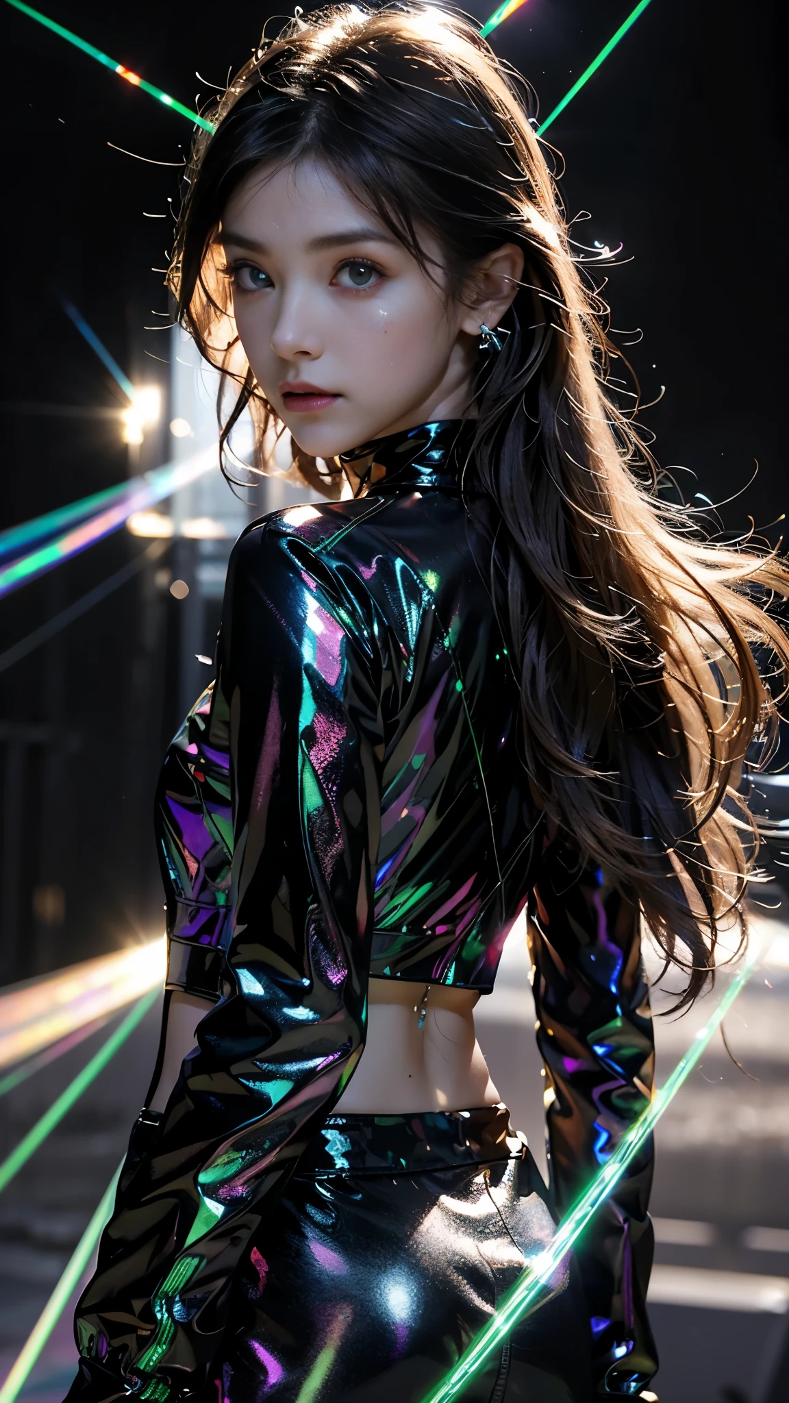 8K, ultra hd, masterpiece, 1 girl, (good face:1.4), detailed eyes, very long hair, impressive hairstyle, earings, necklace, small breasts, (glowing outfit:1.5), see-through, (black laser outfit:1.5), Light-colored foundation brings out the skin, (in the dark:1.5), mystery, (laser lights:1.8), glowing lights, very decoration, The laser falls like water, perfect front body,