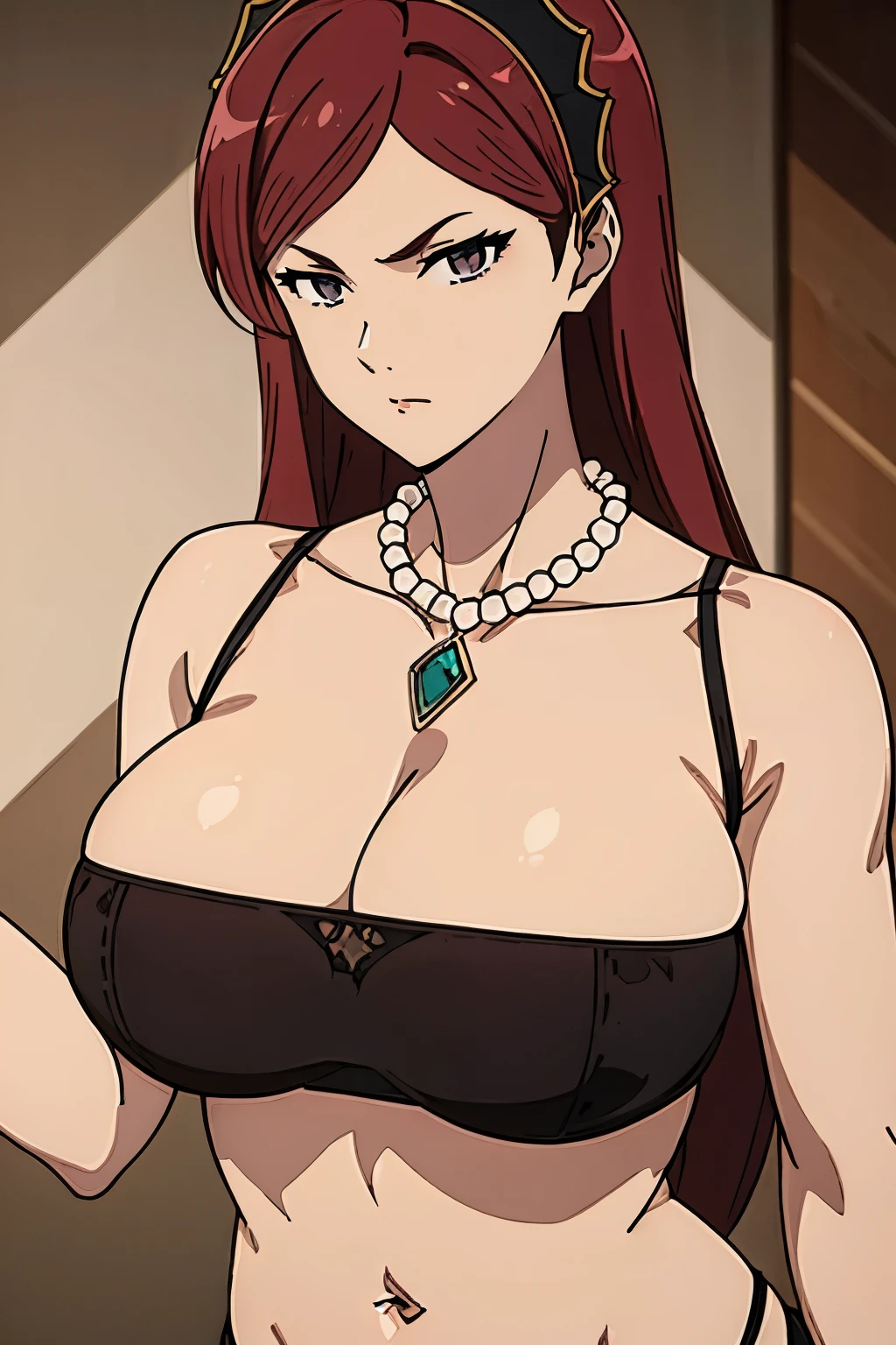 black bra, panties, navel, hair band, maroon hair, milf, busty, huge  , long hair,  emotionless, detailed, upperbody, necklace,