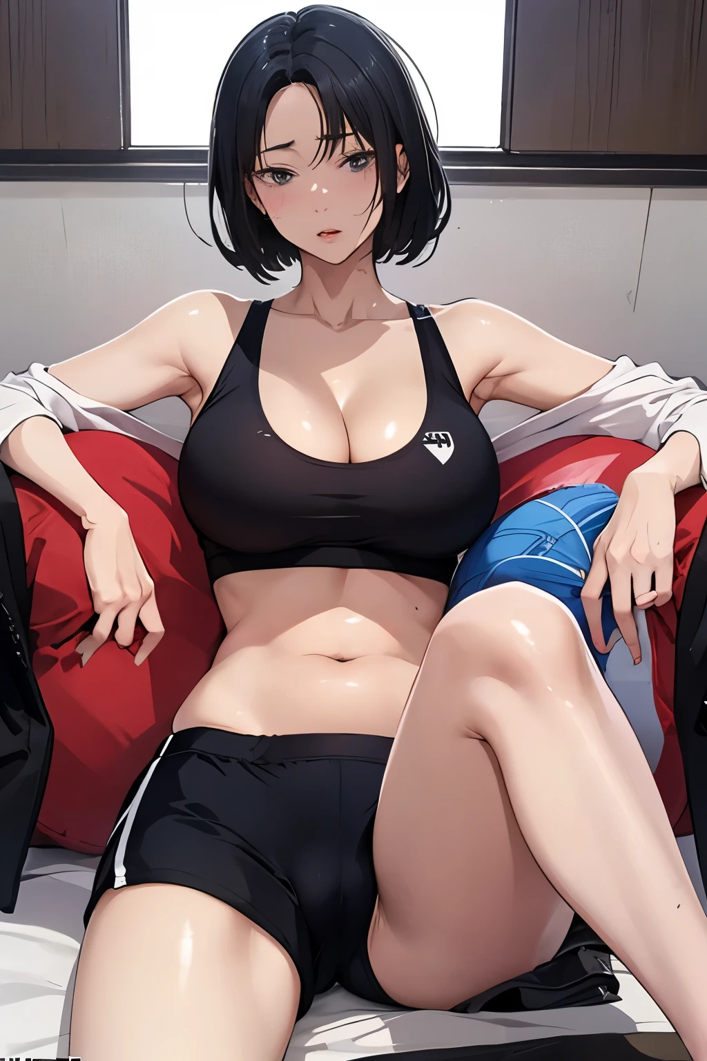 mature japanese milf、short hair、big breastarried woman、sunburn後、sunburn、sports bra、Breasts away from cleavage、black hair、nsfw