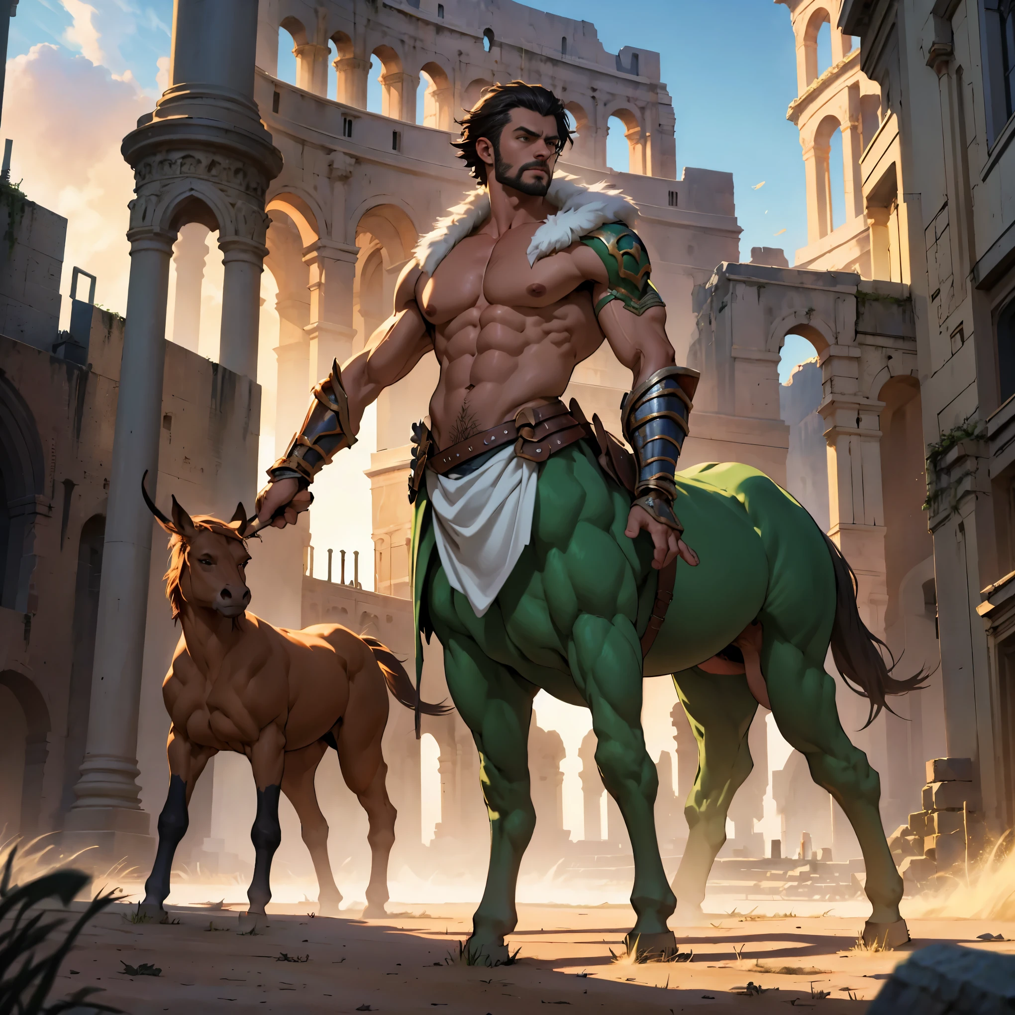 highly detailed full body full color photo of a centaur:1.2, standing, tall, green short hair, gauntlets, bare chest, detailed muscular physique, lifelike depiction, 4K resolution. Background: Colosseum during a spectacular sunset,32k uhd, best quality, masterpiece, extra arms, 4arms,