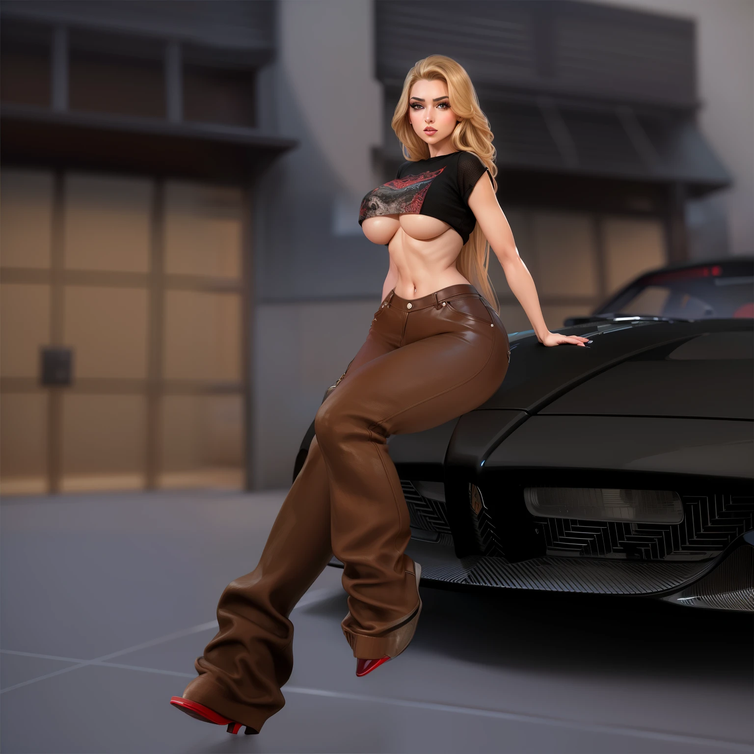 (masterpiece), (best quality), (ultra-detailed), ((masterpiece)) ((best quality)) ((ultra-detailed)) araffe sitting on the hood of a car with a sexy woman in the background, second life avatar, lacivious pose, fashion pose, secondlife, in front of a garage, casual pose, full body shot close up, glamour pose, glamor pose, glamour fashion pose, daz, glamorous fashion pose, full pose, daz. detailed