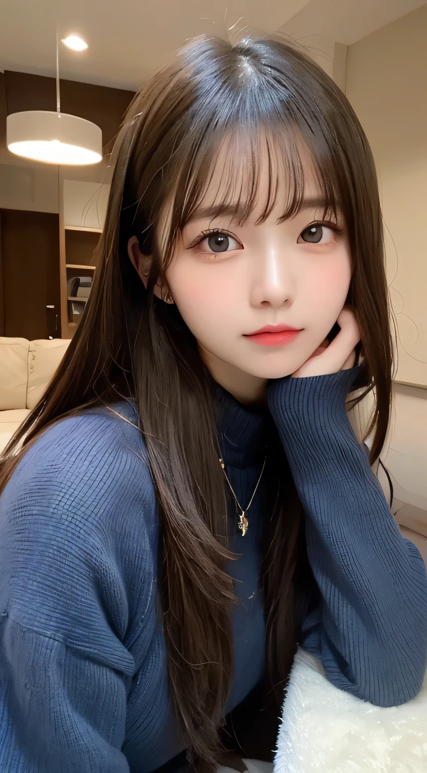 table top, highest quality, figure, Super detailed, finely, High resolution, 8k wallpaper, Perfect dynamic composition figure, detailed and beautiful eyes, Fluffy and warm winter clothes,cute hairstyles,,natural color lip, bold sexy pose,sad look,Living room in luxury home、20 year old girl、cute、sexy shot looking at camera,blur the background,perfect and beautiful face,Take only the face,Beautiful and dense face,Raw photo