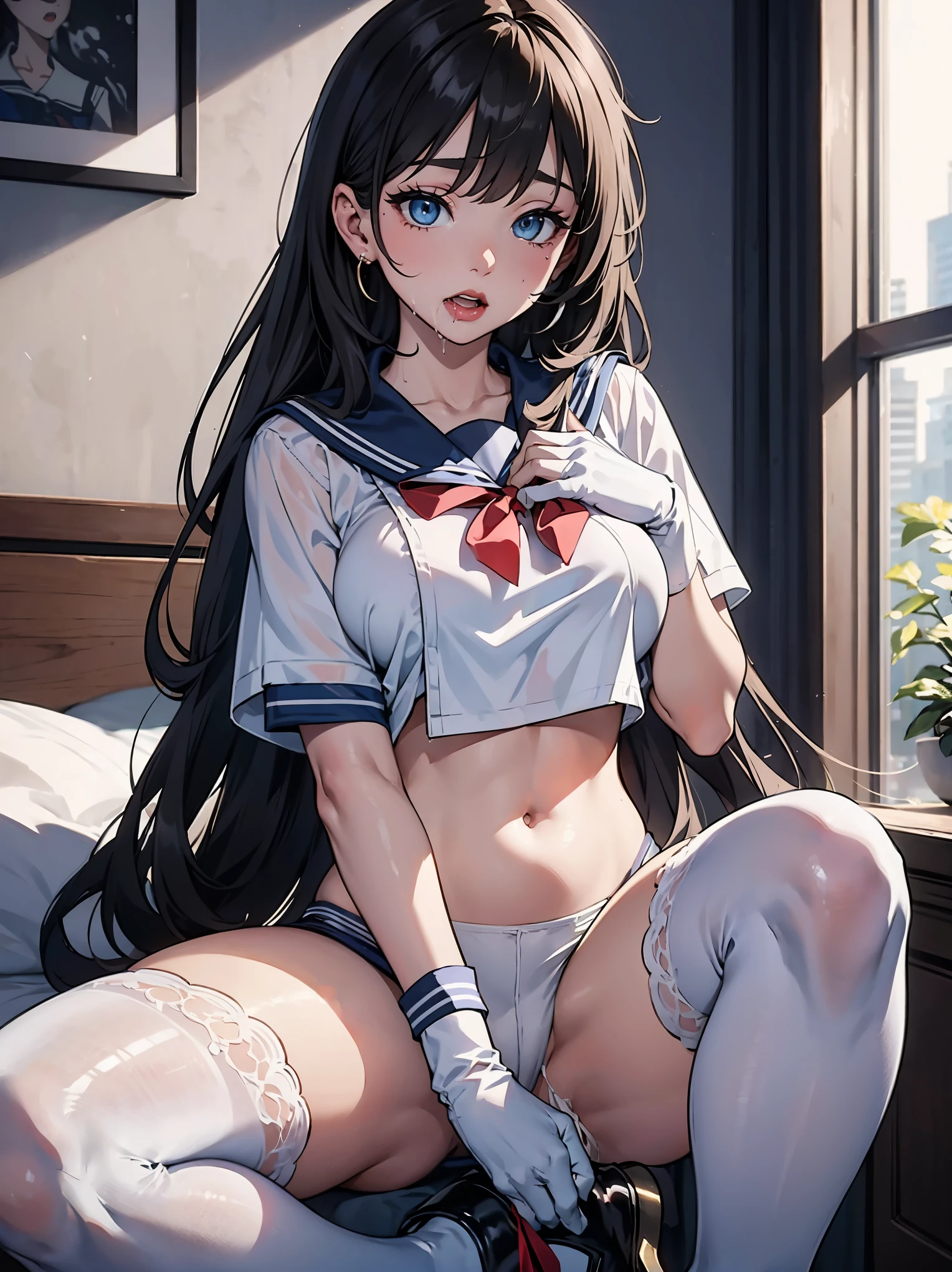 1 woman, HD quality, (solo:1.9), (ahegao:1.7), (orgasm:1.7), (drooling:1.3), steam, (sheer white long thigh-high socks:1.5), (sheer white satin long gloves:1.3), (glowing eyes), best ratio four finger and one thumb, (Open legs:1.7), (Large breasts), cleavage, (sitting on a bed with one knee up:1.6), (Green eyes:1.3), (Crop Top white shirt:2.0), (Micro thong:1.5), (under boob:1.7), (Sailor uniform only for the upper body:1.5), (white short shirt), blue sailor collar, (Navel), (black high-heeled shoes:1.5), (red ribbon tie:1.1)