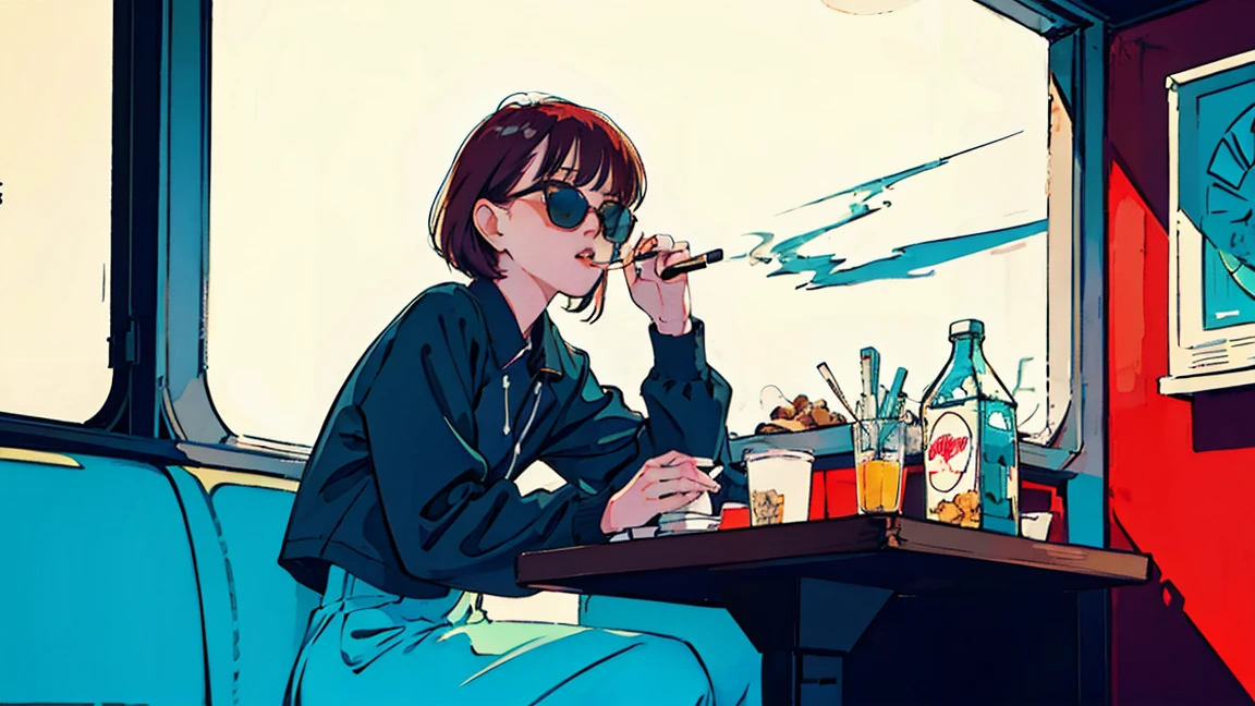 Beautiful redhead Asian girl sitting in a diner early in the morning, Visible from the window, perfect face, sunglasses, Smoking white Taylormade cigarettes, neon black, (with backlight: 1.1), hard shadow, masterpiece, highest quality, Complex, model shooting style, vintage, film grain, incomplete details、While eating